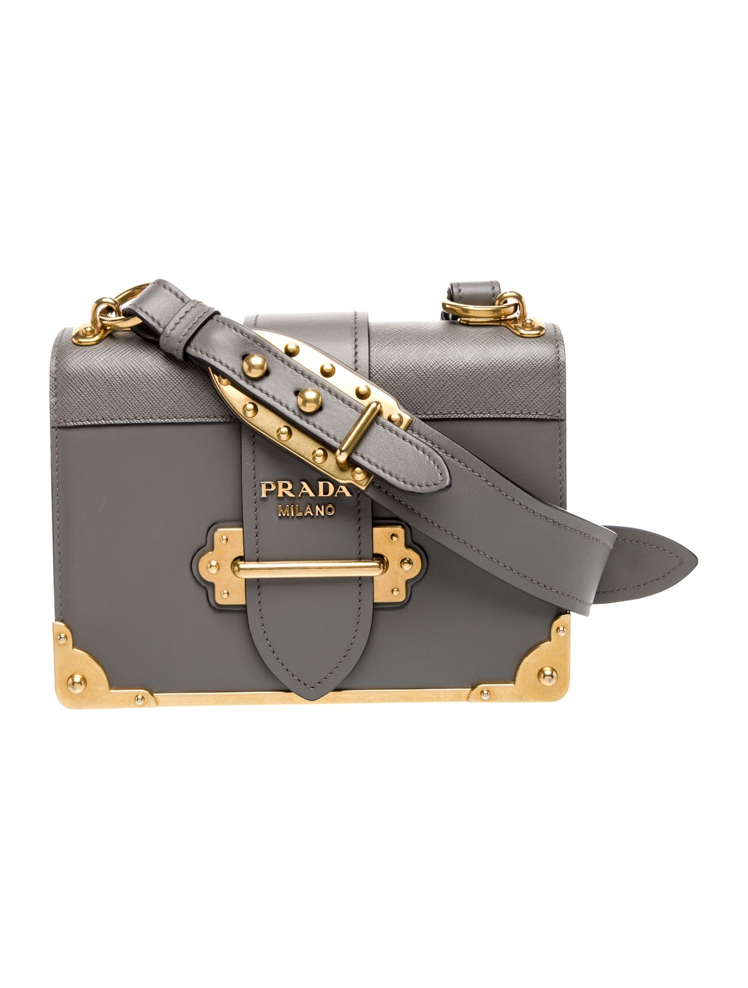 Grey Cahier front-on with the ornate flip-lock clasp and studded strap