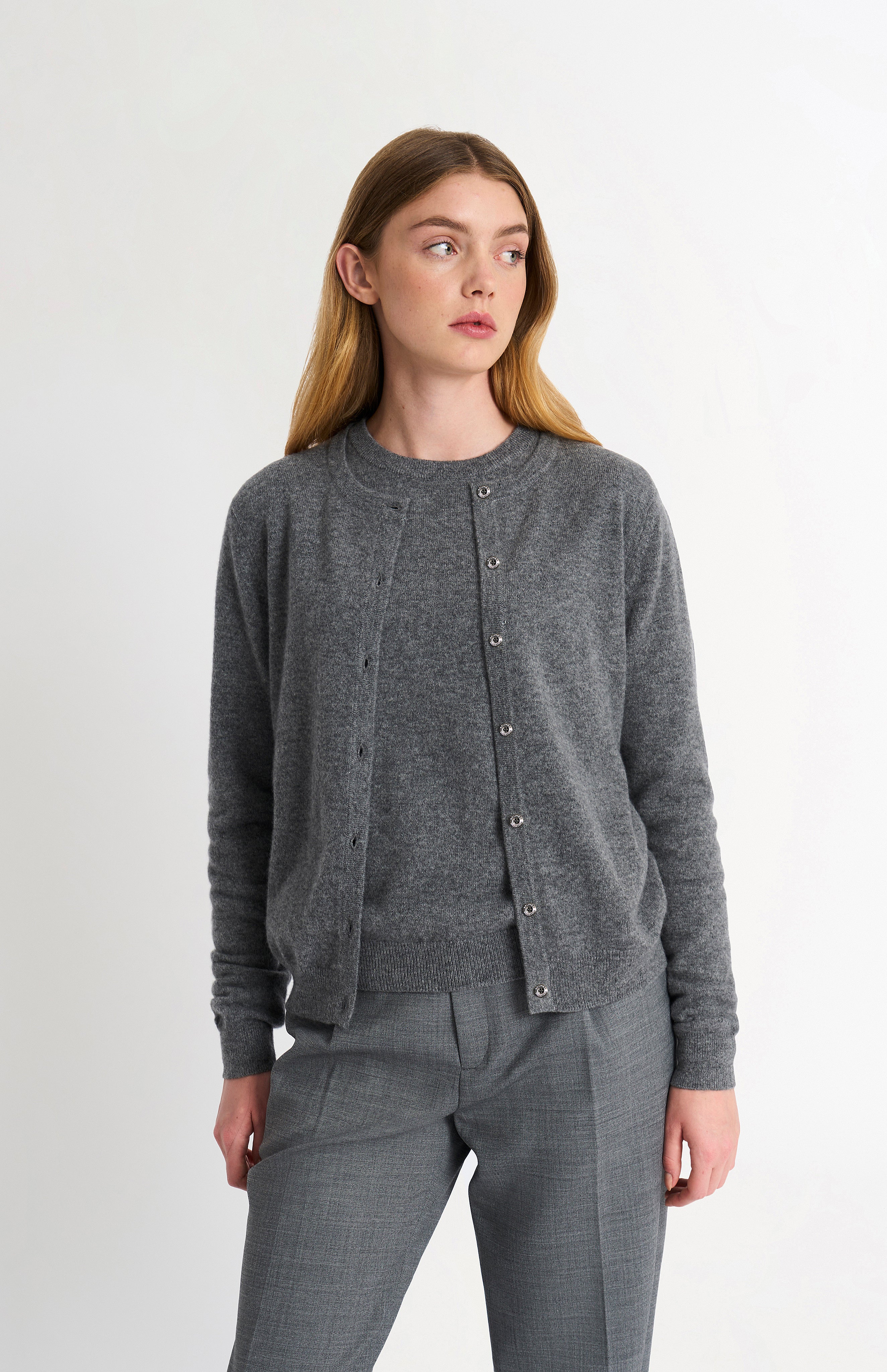 Women's Classic Crew Neck Cashmere Cardigan In Grey Melange