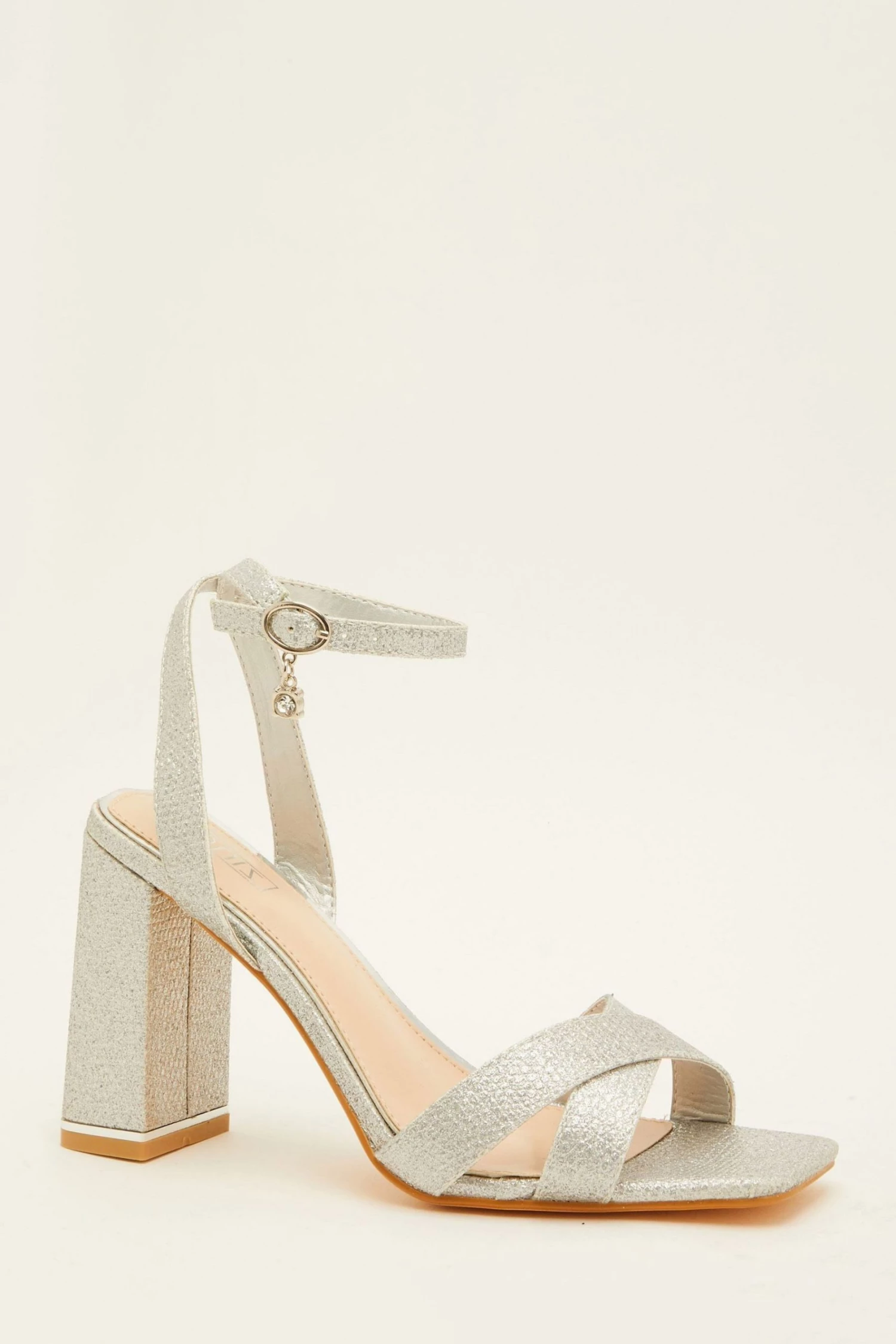 Silver Shimmer Cross Strap Block Heel Sandal