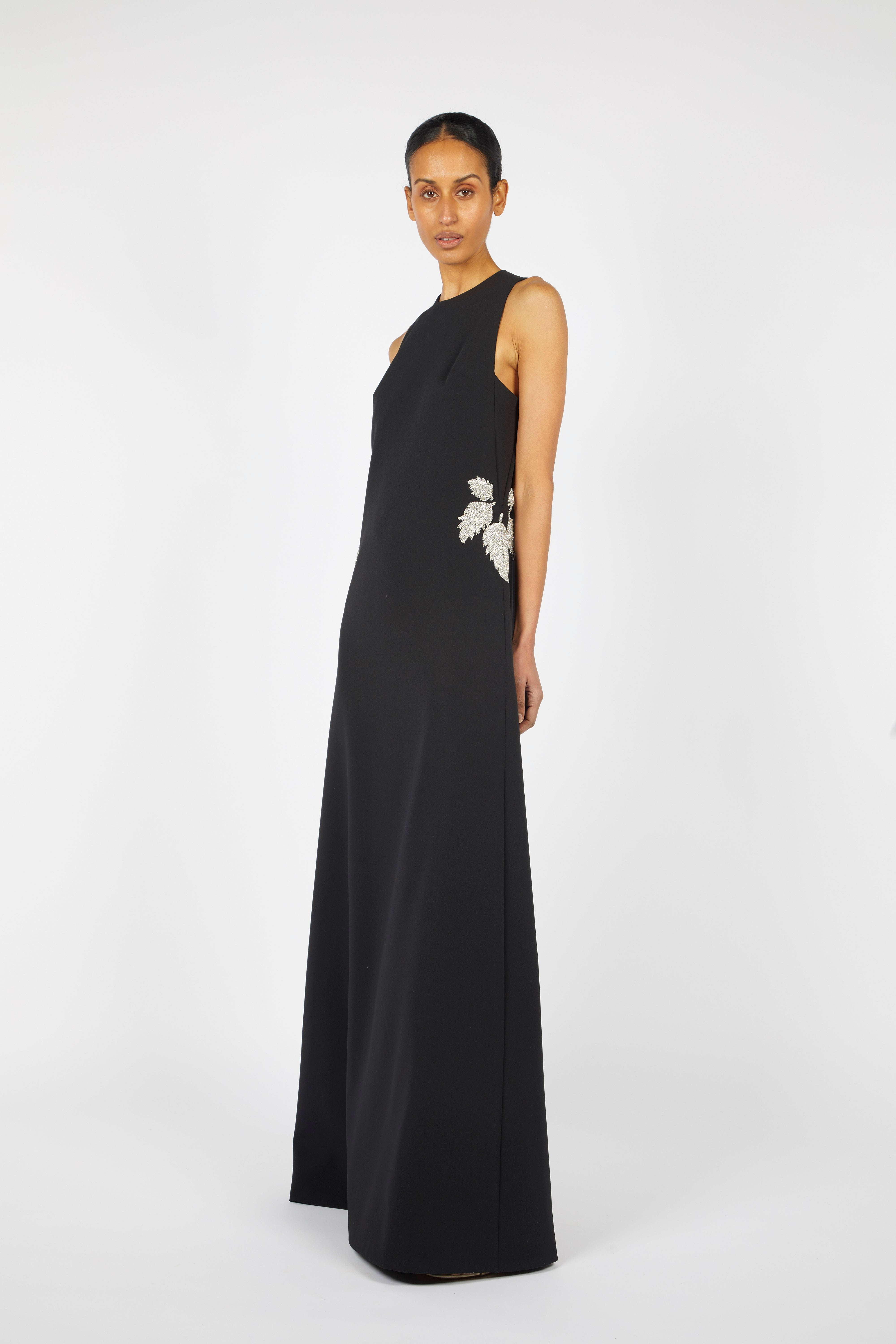 HEAVY CREPE HALTER DRESS W/ WAIST EMBROIDERY DETAIL