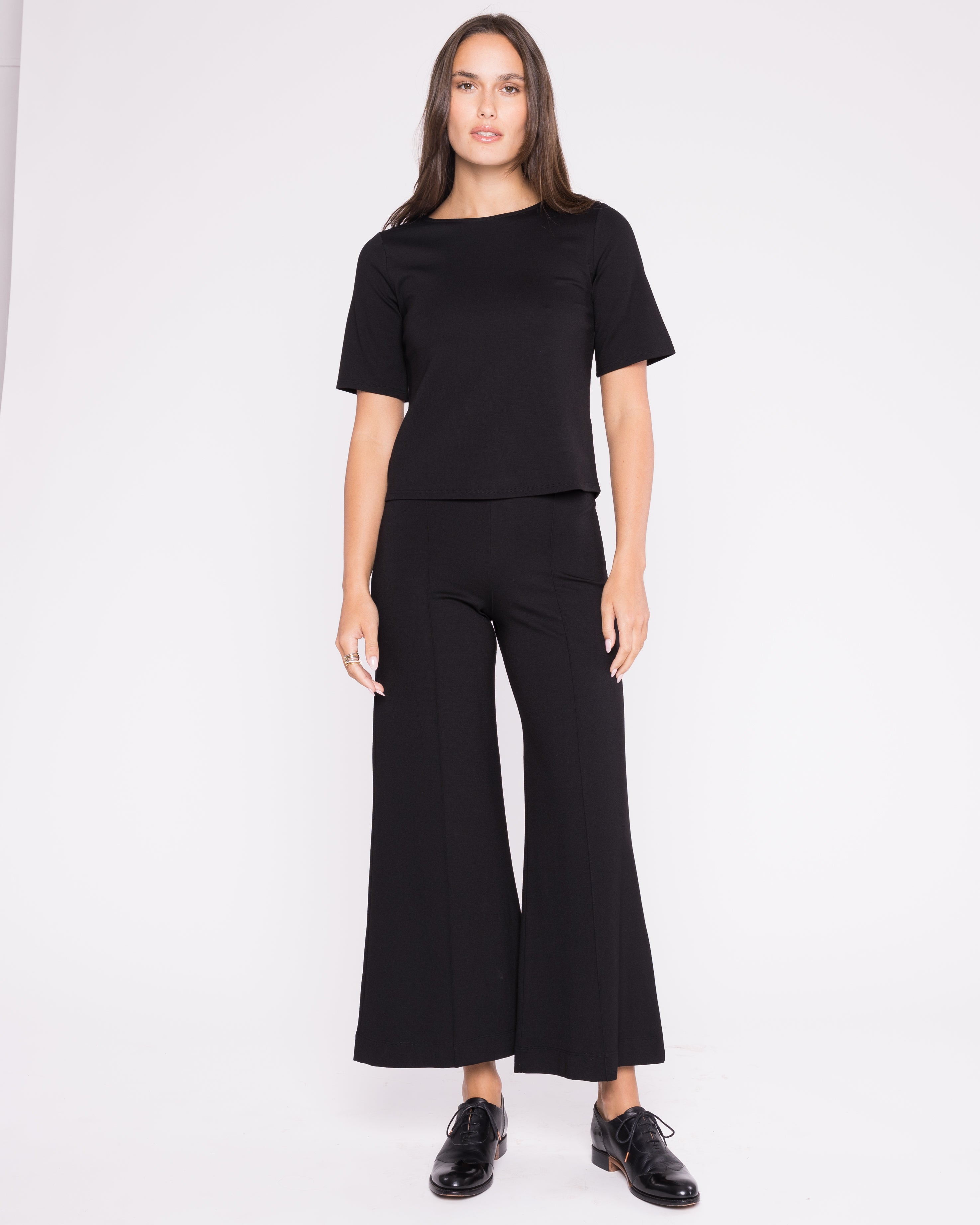 Black Ponte Knit Cropped Wide Leg Pant