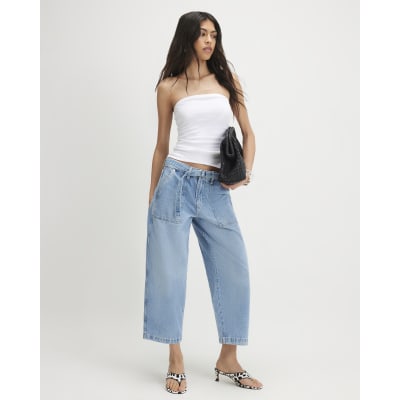Blue Crop Belted Barrel Leg Jeans