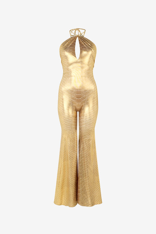 Golden Beige Jumpsuit with Serpentine Print
