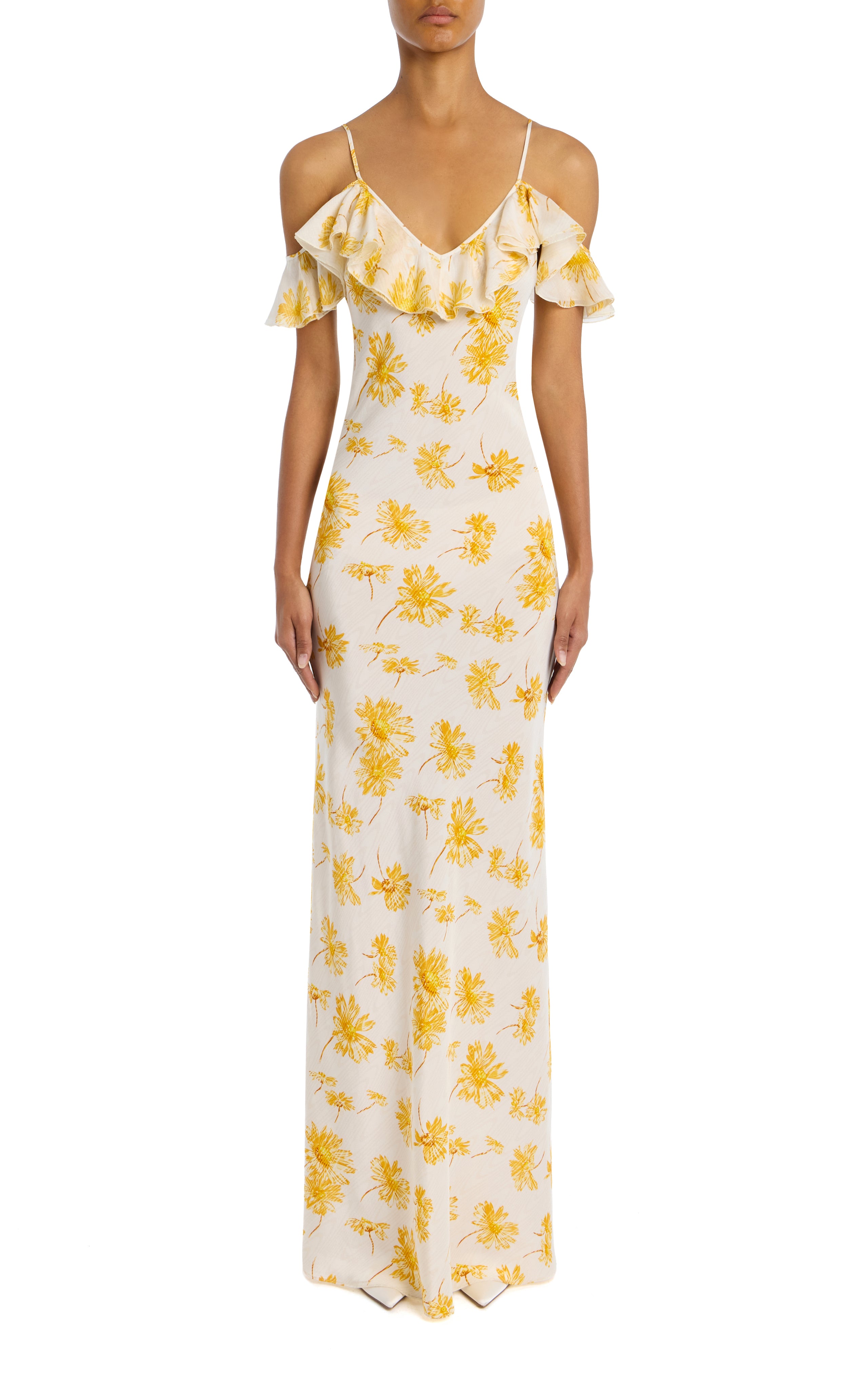 Daisy Printed Moiré Silk Gown with Ruffle Detail