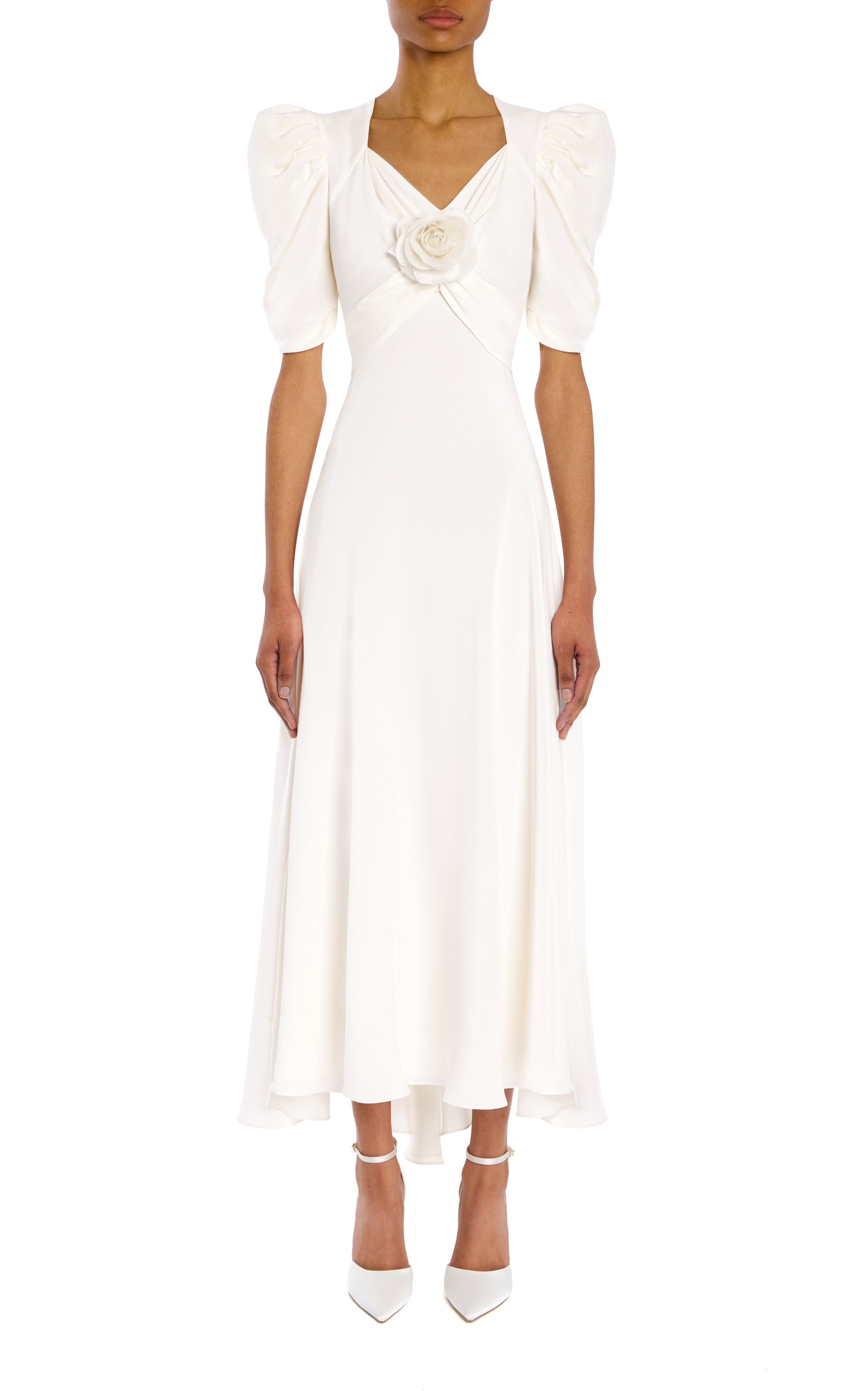 Silk Crepe Puff Sleeve Dress with Flower
