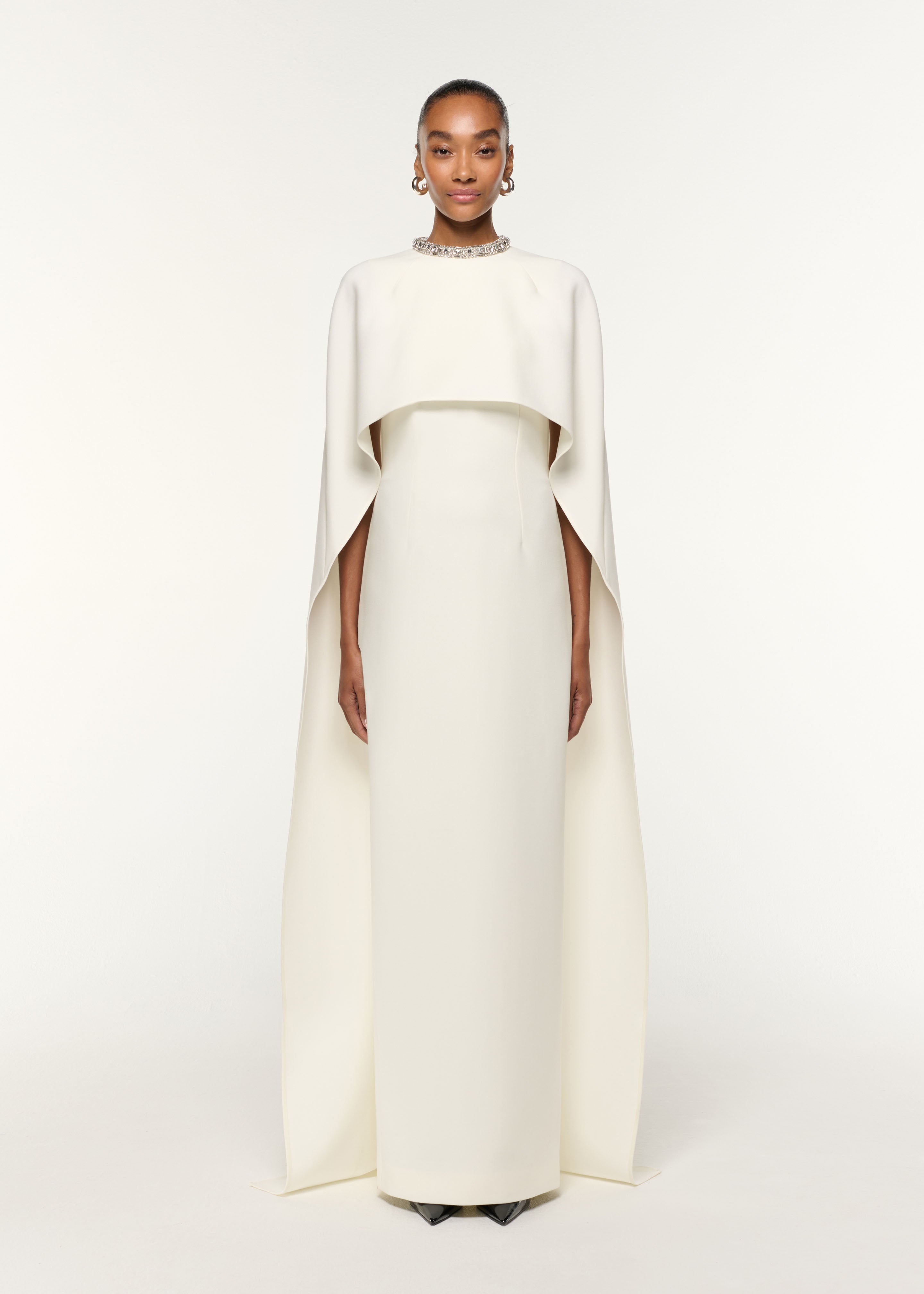 Crystal Neckline Crepe Cape Gown