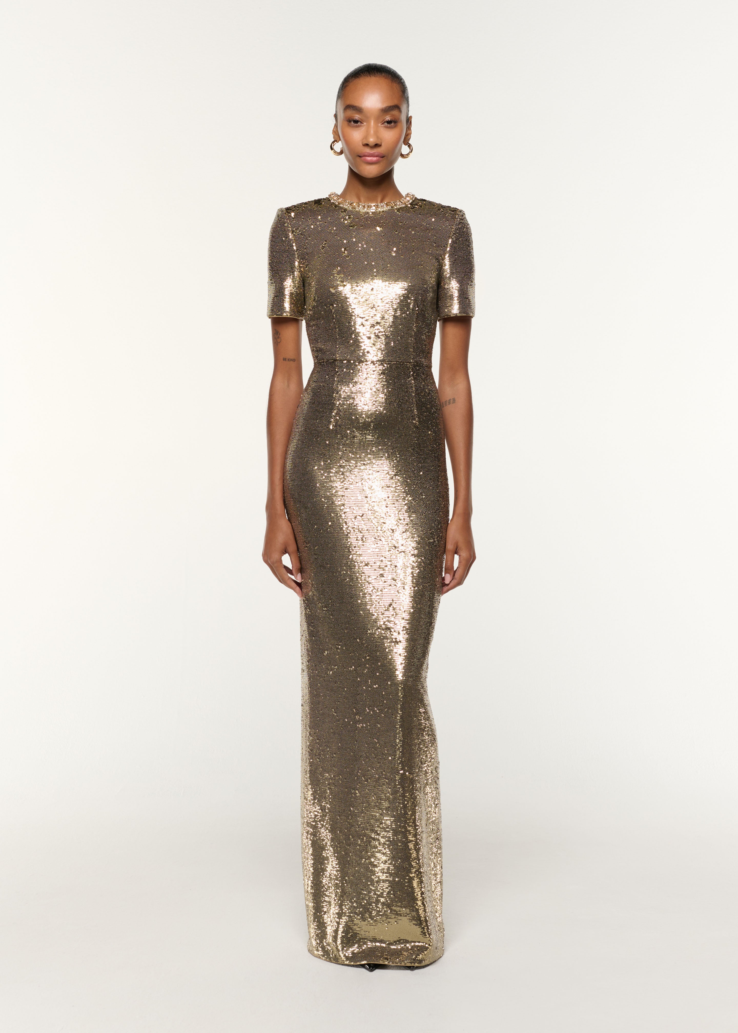 Crystal Neckline Sequin Column Gown