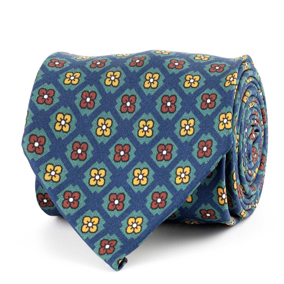 blue silk twill tie with floral print