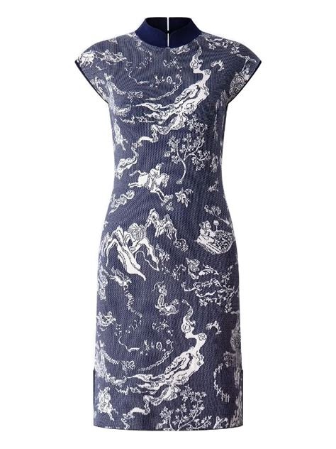 Blue floral-jacquard day-dress proportion