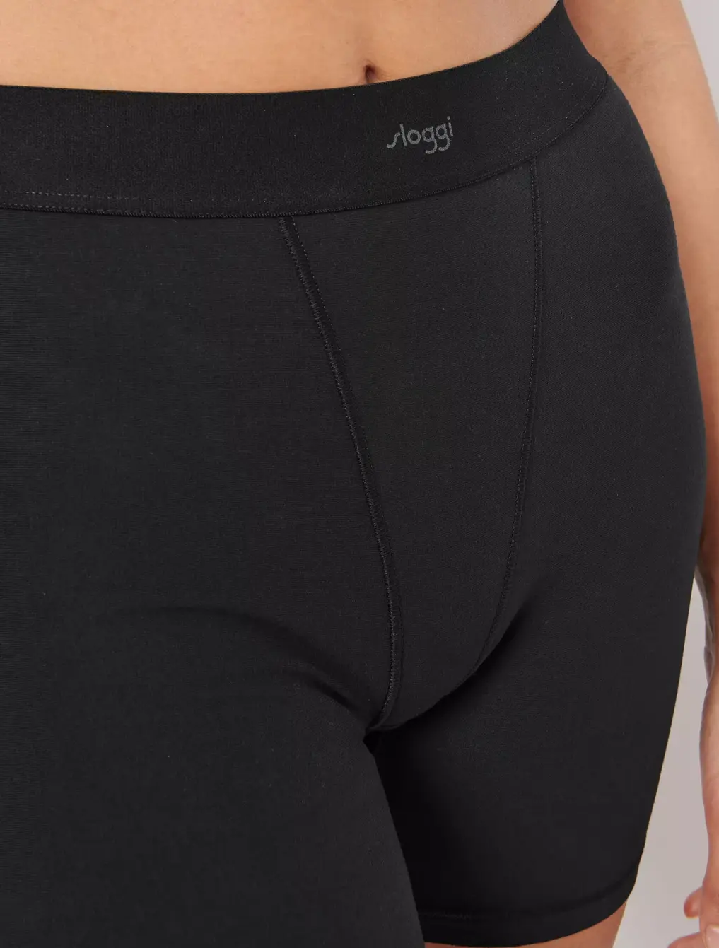 Close crop of the waistband and thigh length