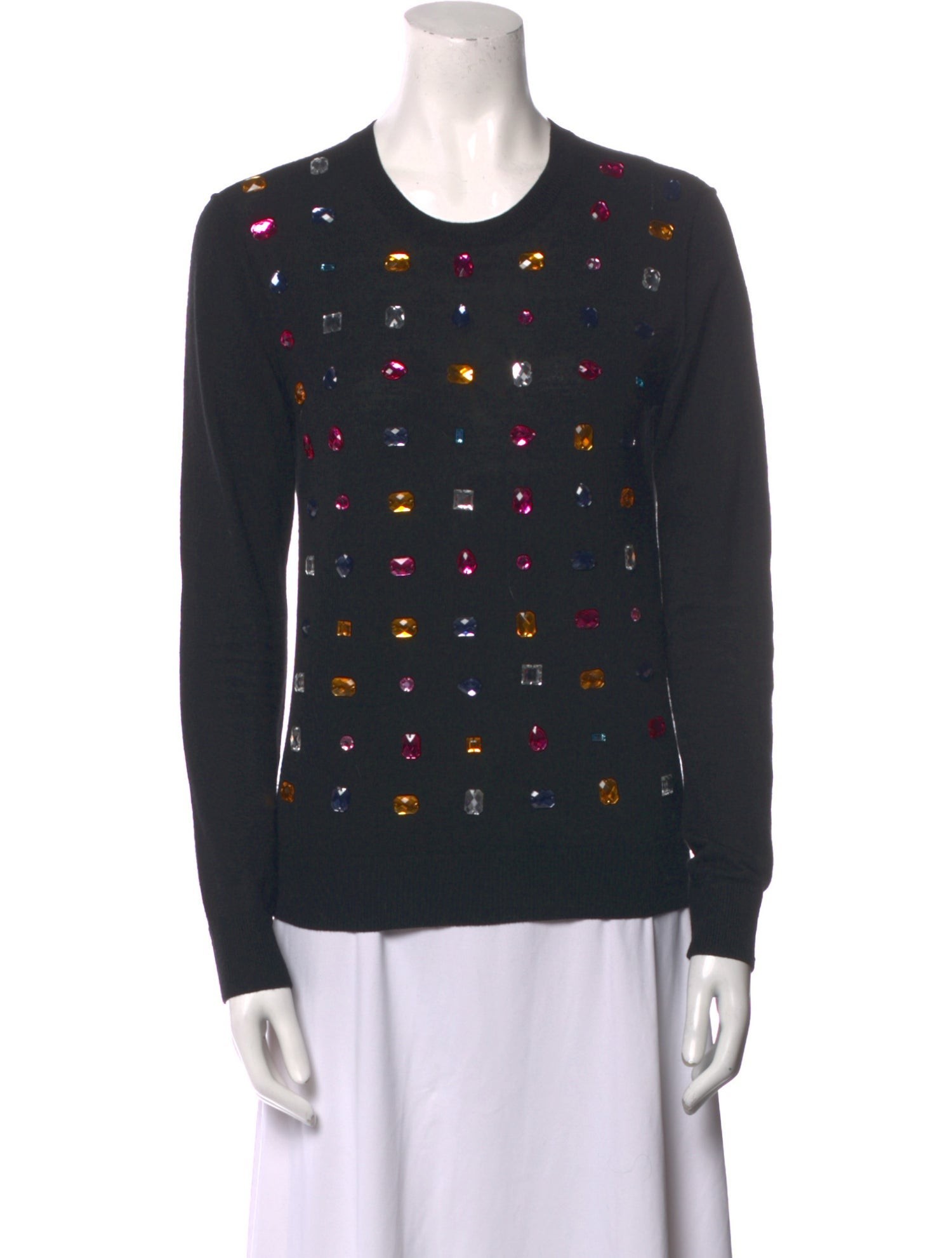 Dark crew-neck knit with small multicolour motifs