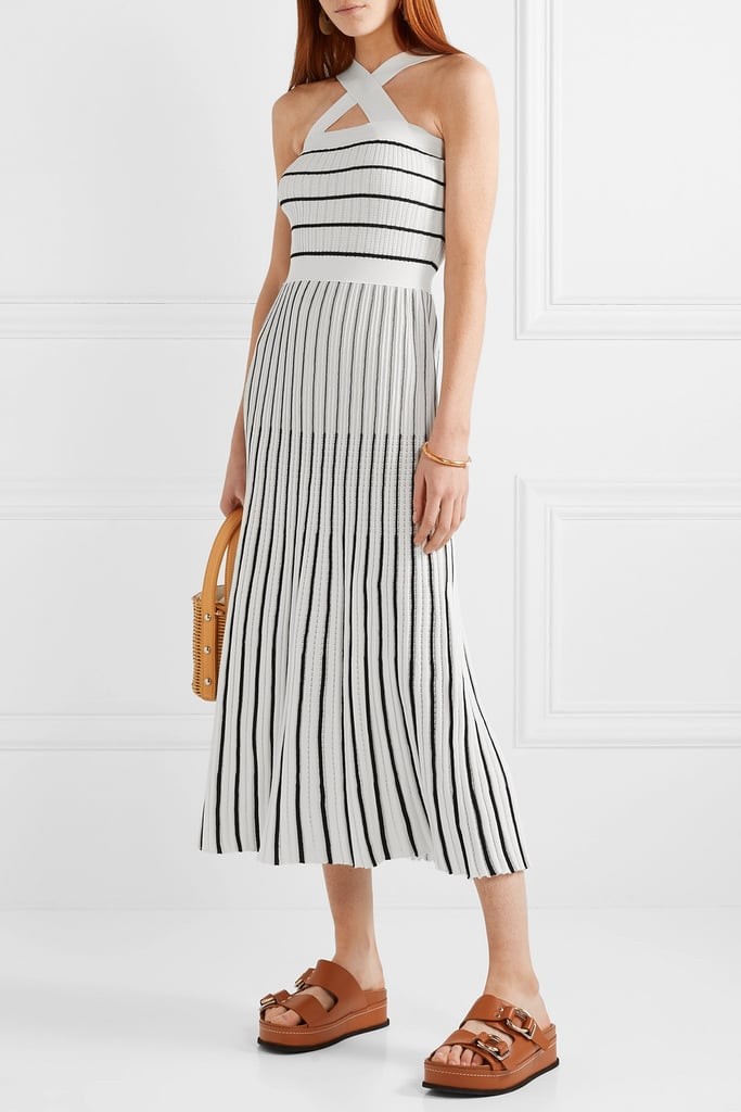 Fine vertical stripe day dress with a fluid skirt