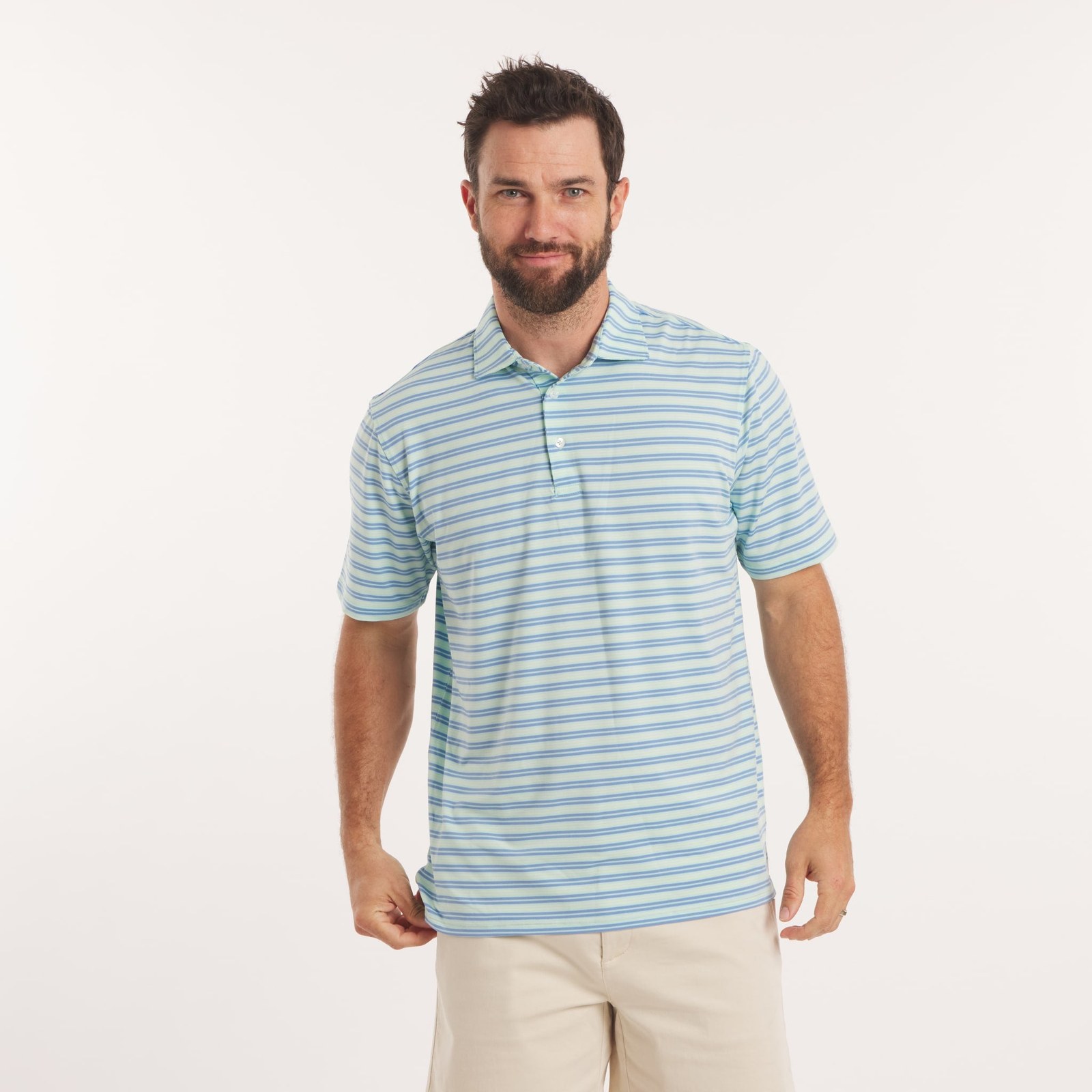 On-model striped polo styling