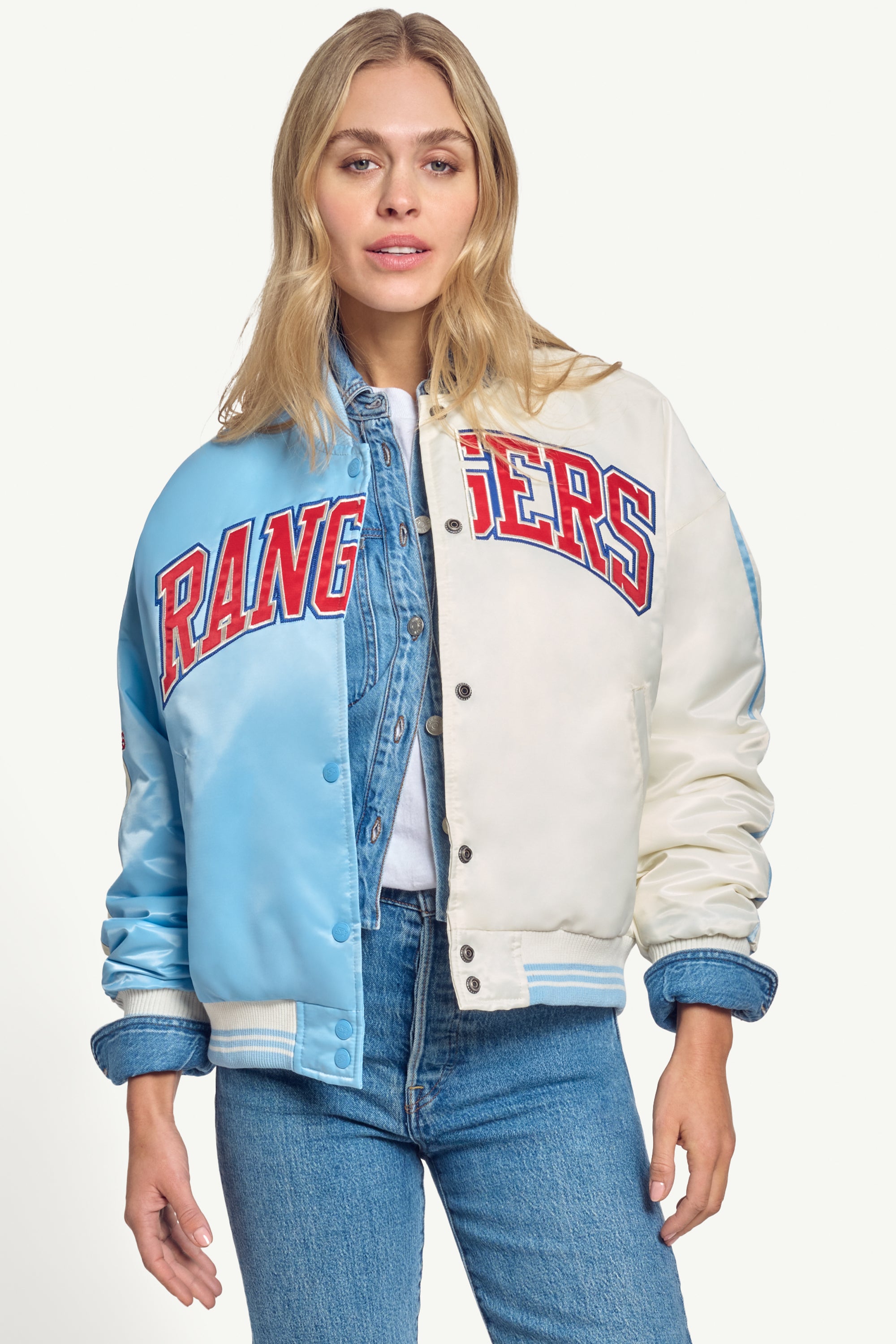 Official texas rangers satin varsity jacket view