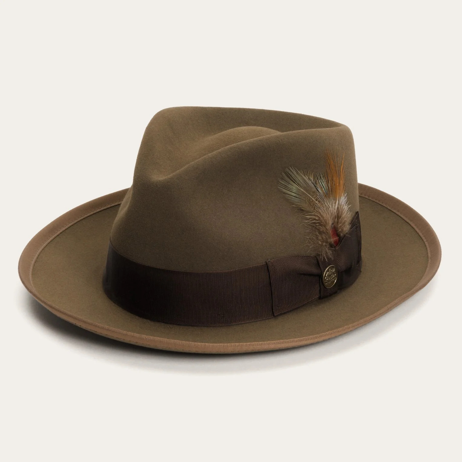 Grosgrain band, pin and feather detail