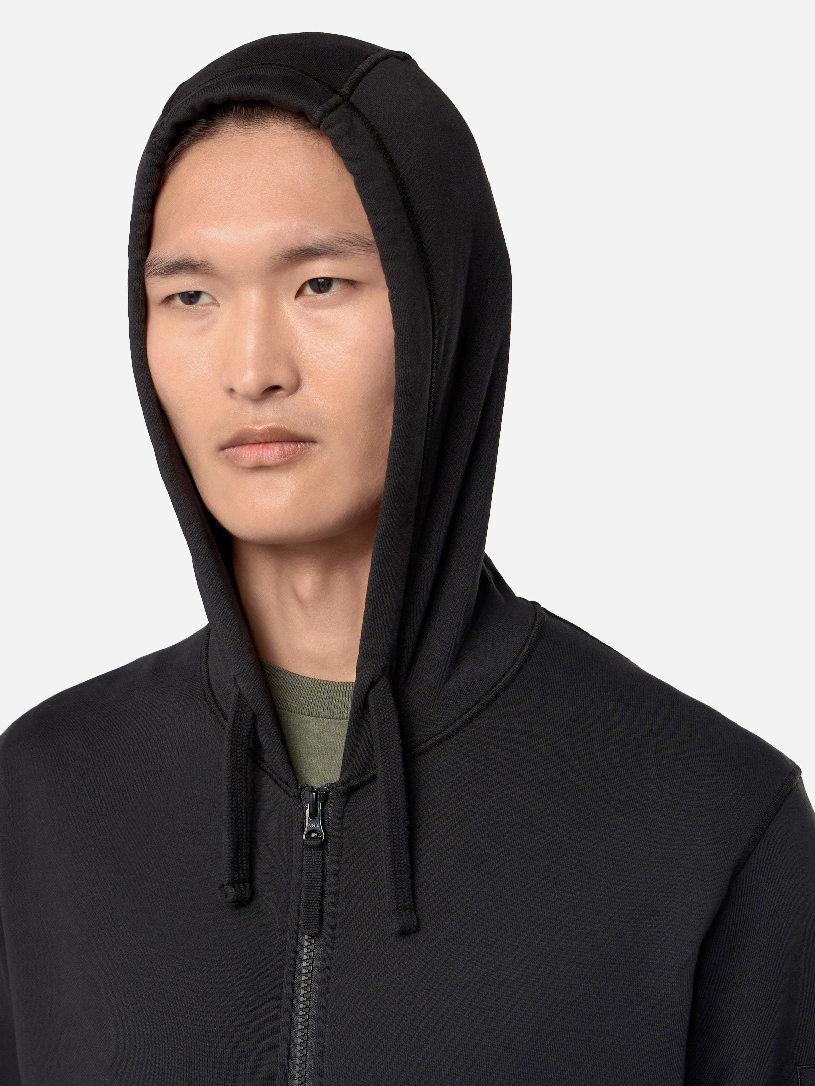 Detail — the two-way zip and pouch pockets