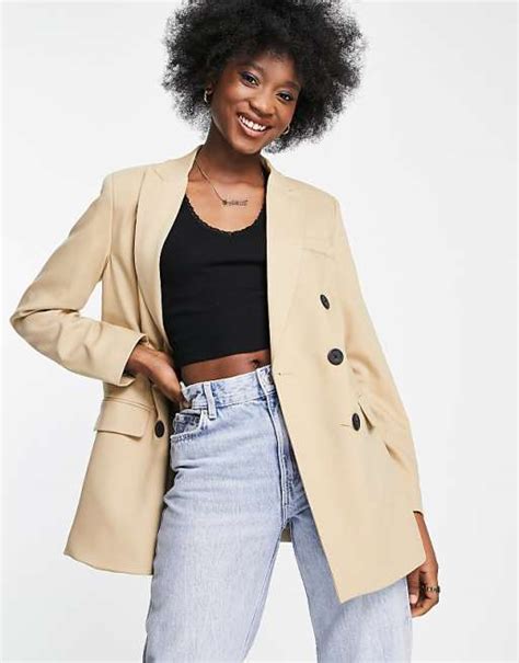 Stradivarius double breasted dad blazer in beige | ASOS