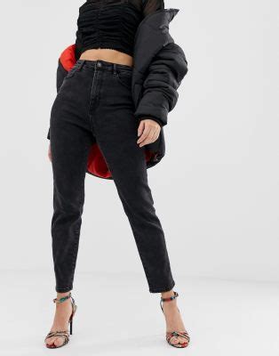 Stradivarius cotton slim mom jean with stretch in black | ASOS