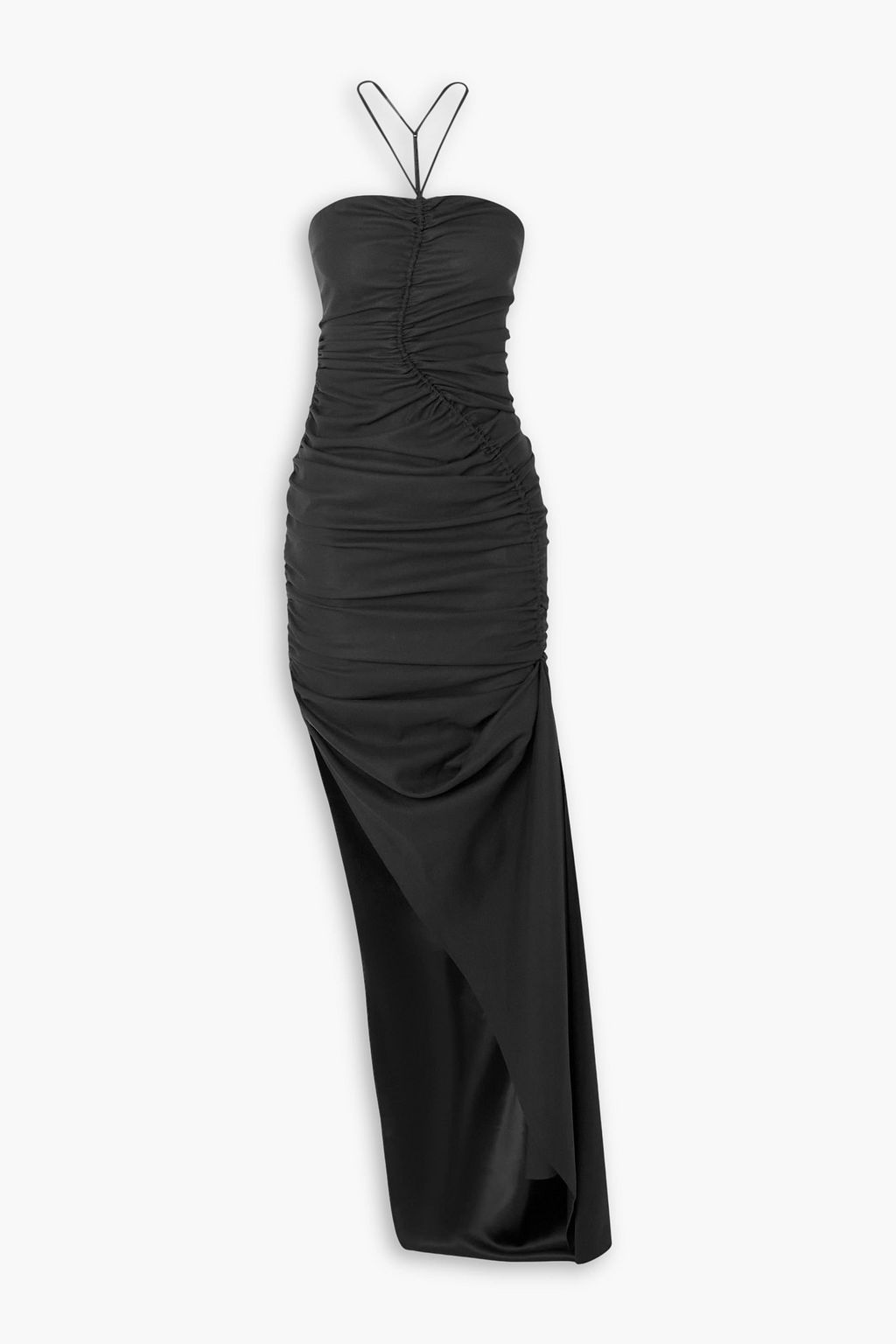 Asymmetric Cutout Ruched Crepe Midi Dress