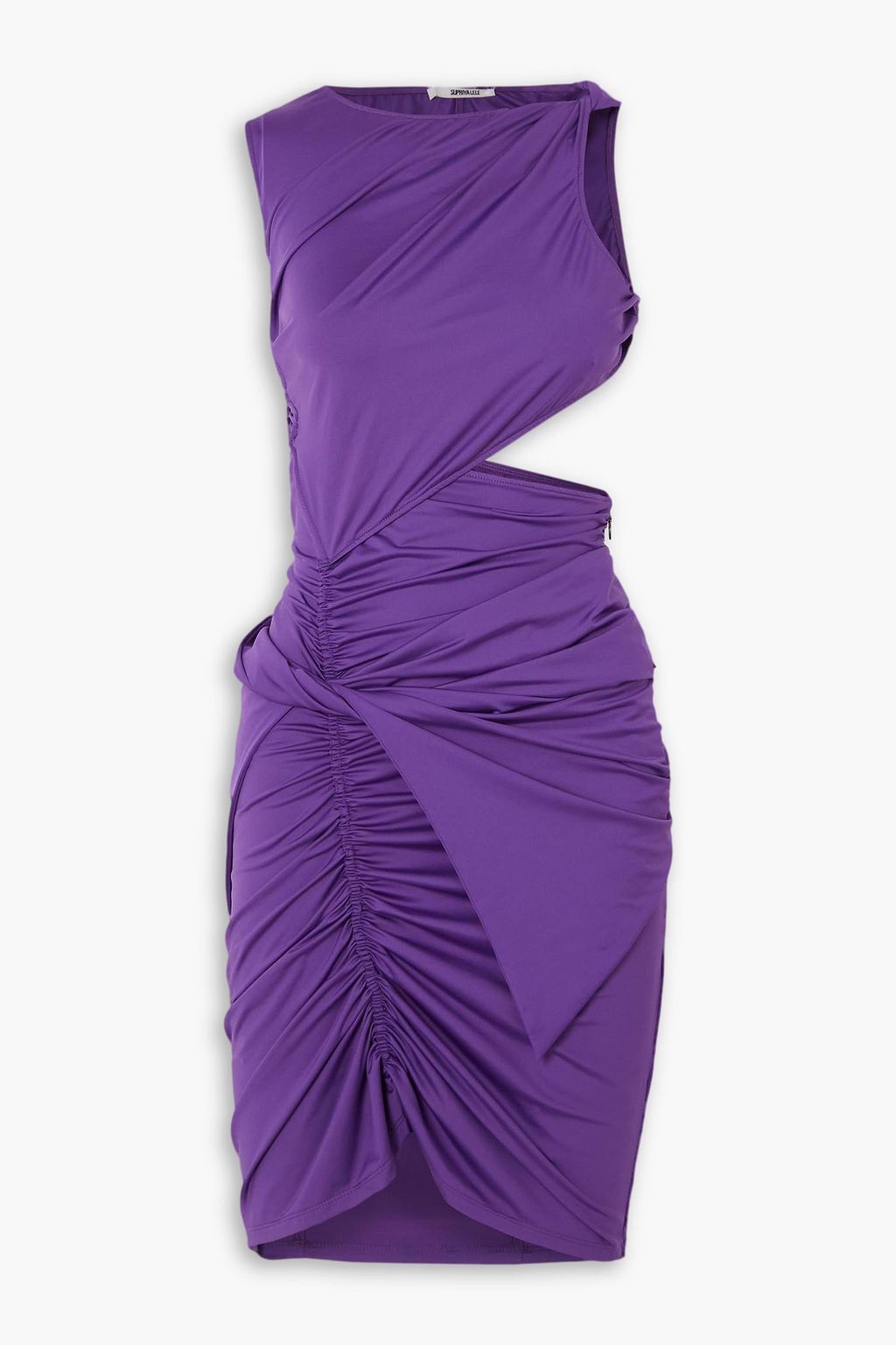 Asymmetric Cutout Ruched Glossed-Jersey Mini Dress
