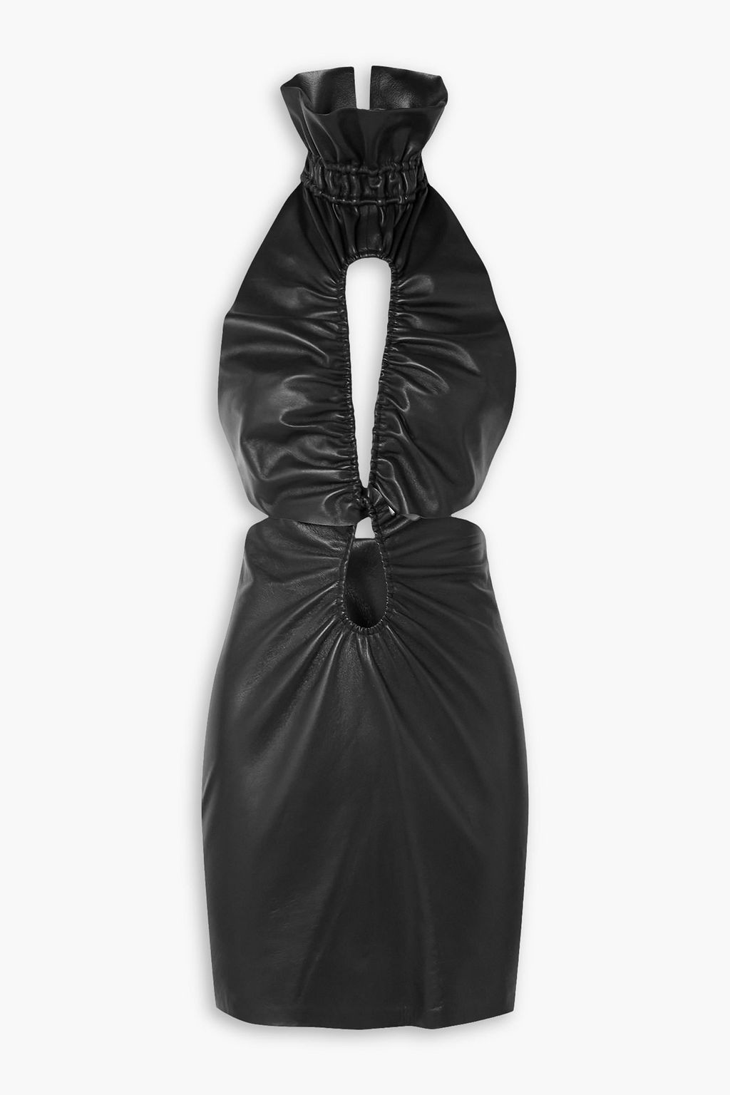 Cutout Open-Back Ruffled Gathered Leather Halterneck Mini Dress