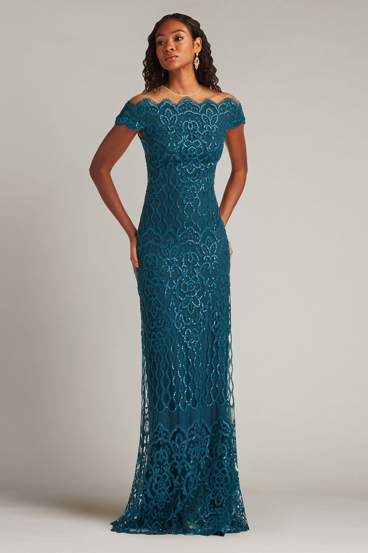 Rater Sequin Embroidered Off-Shoulder Gown