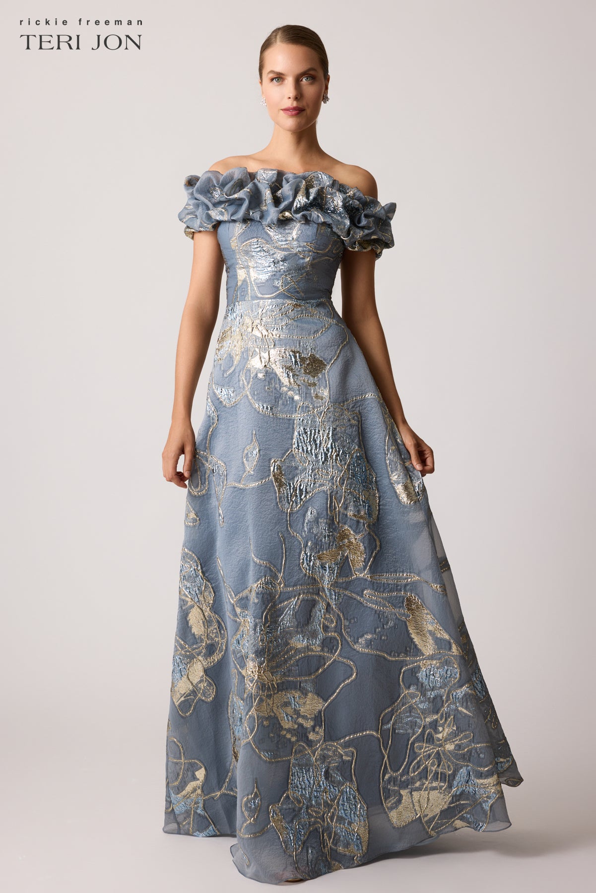 Jacquard Scrunch Neckline Off Shoulder Gown