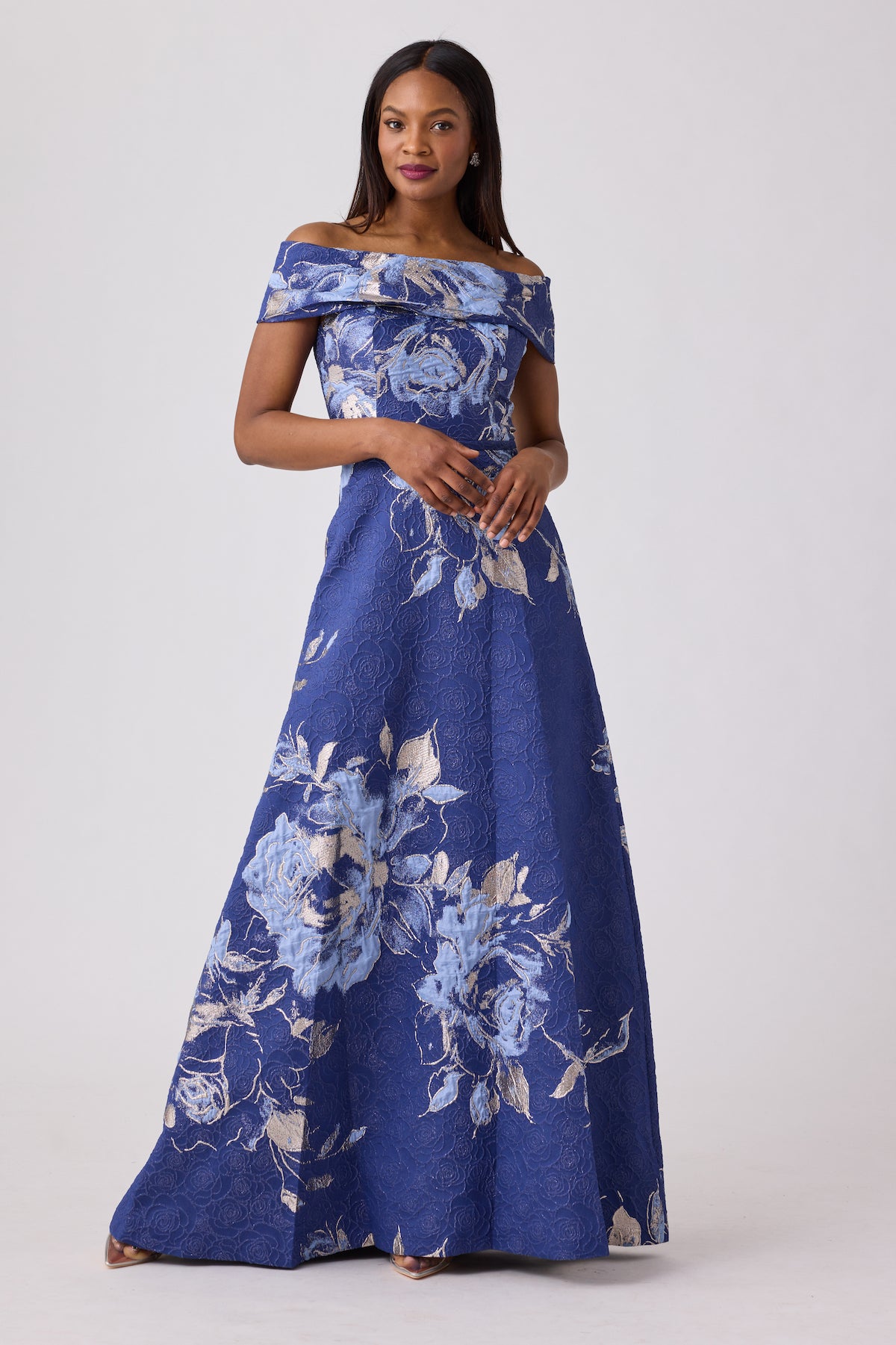 Large Floral Pattern Jacquard Off the Shoulder Gown