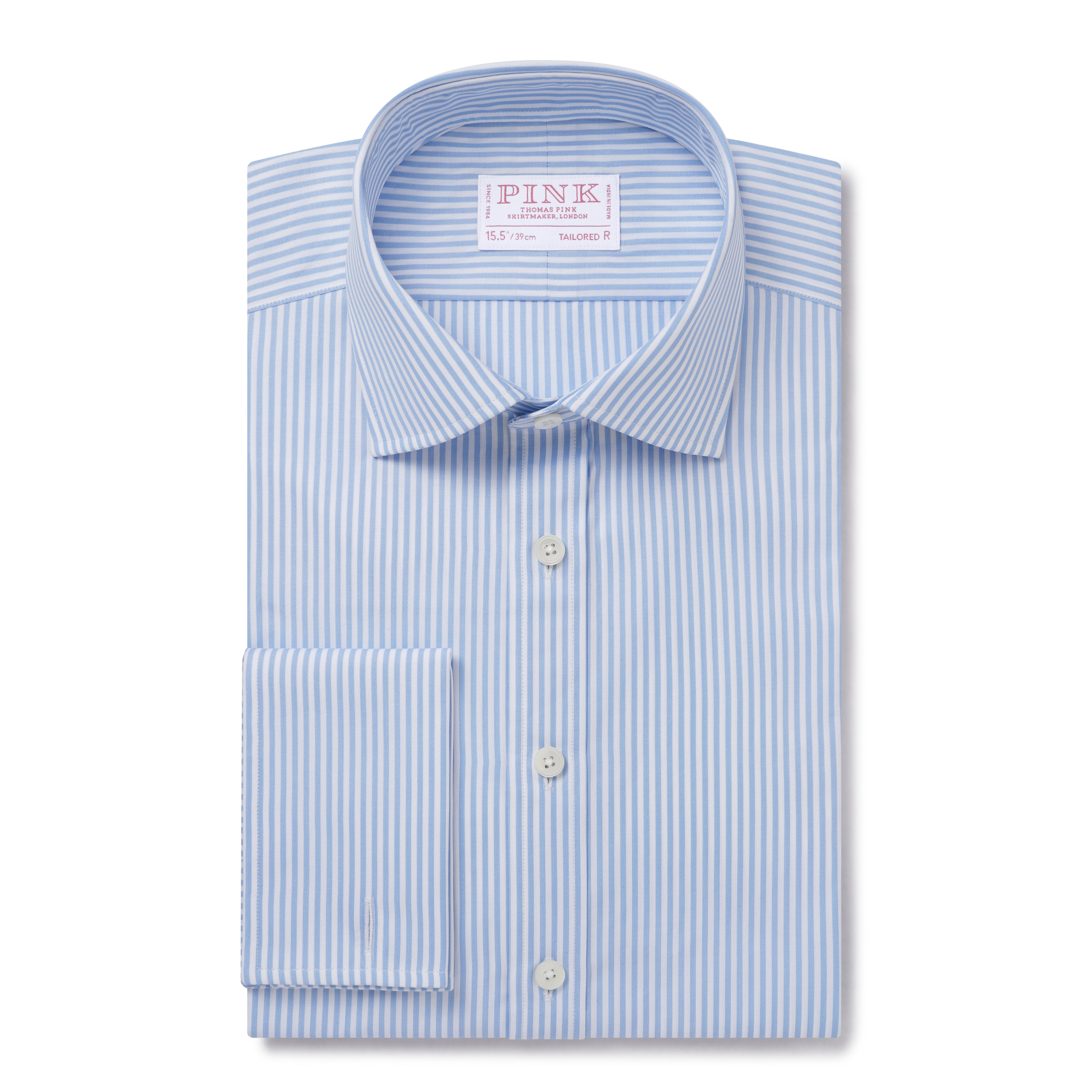 Pale Blue & White Tailored Fit Double Cuff Essential Bengal Stripe For