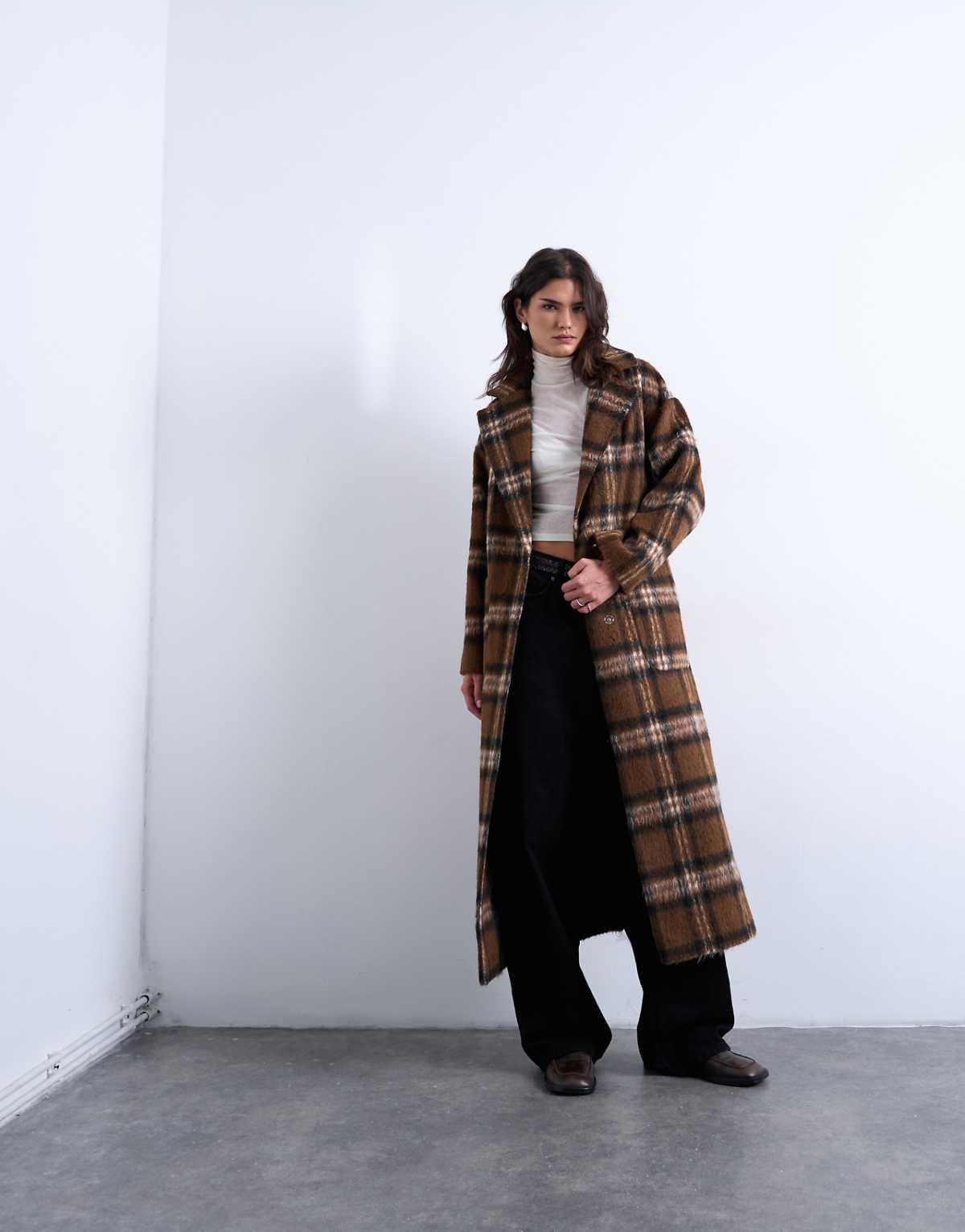 Topshop brushed formal coat in brown plaid
