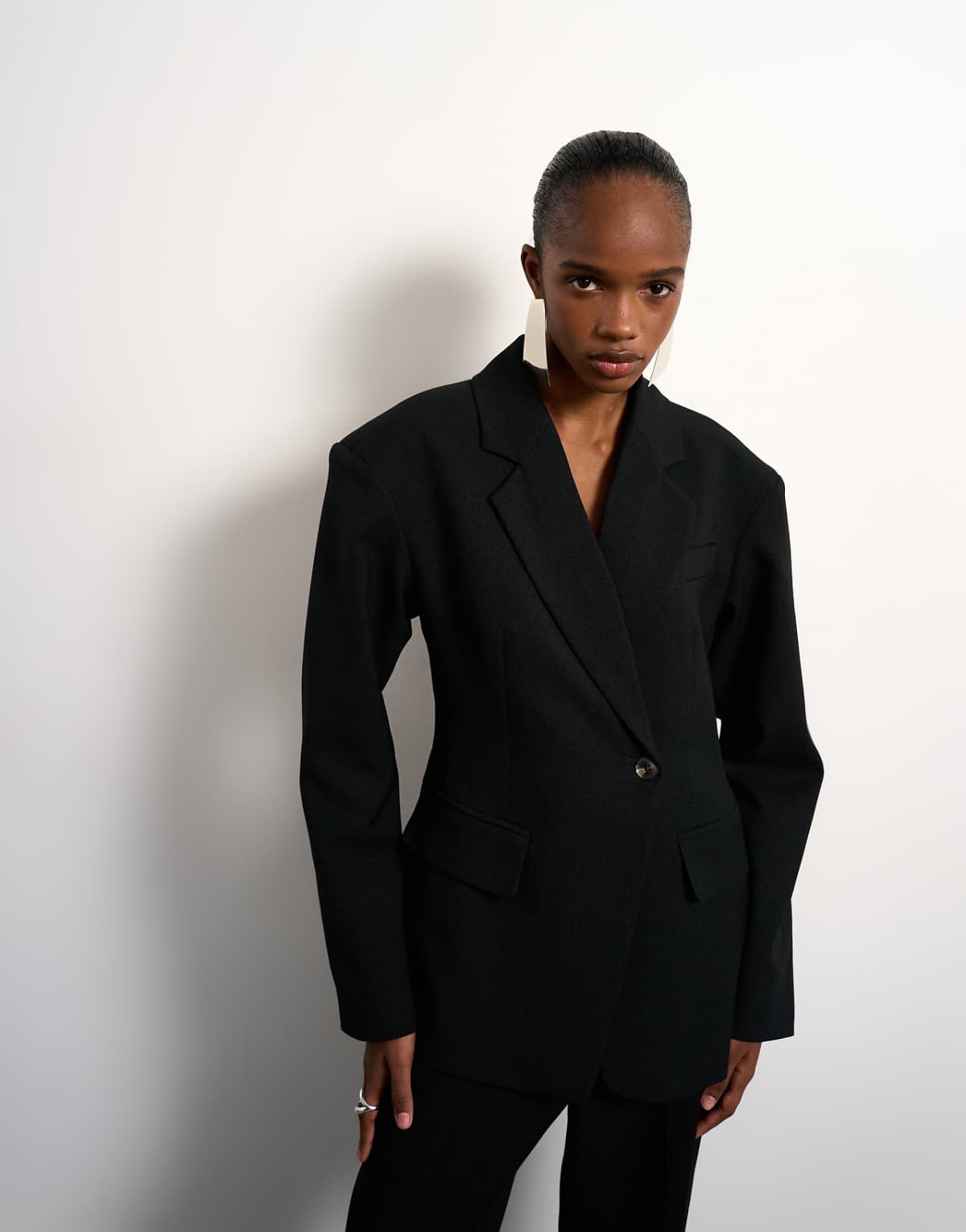 Topshop cinched padded shoulder blazer in black