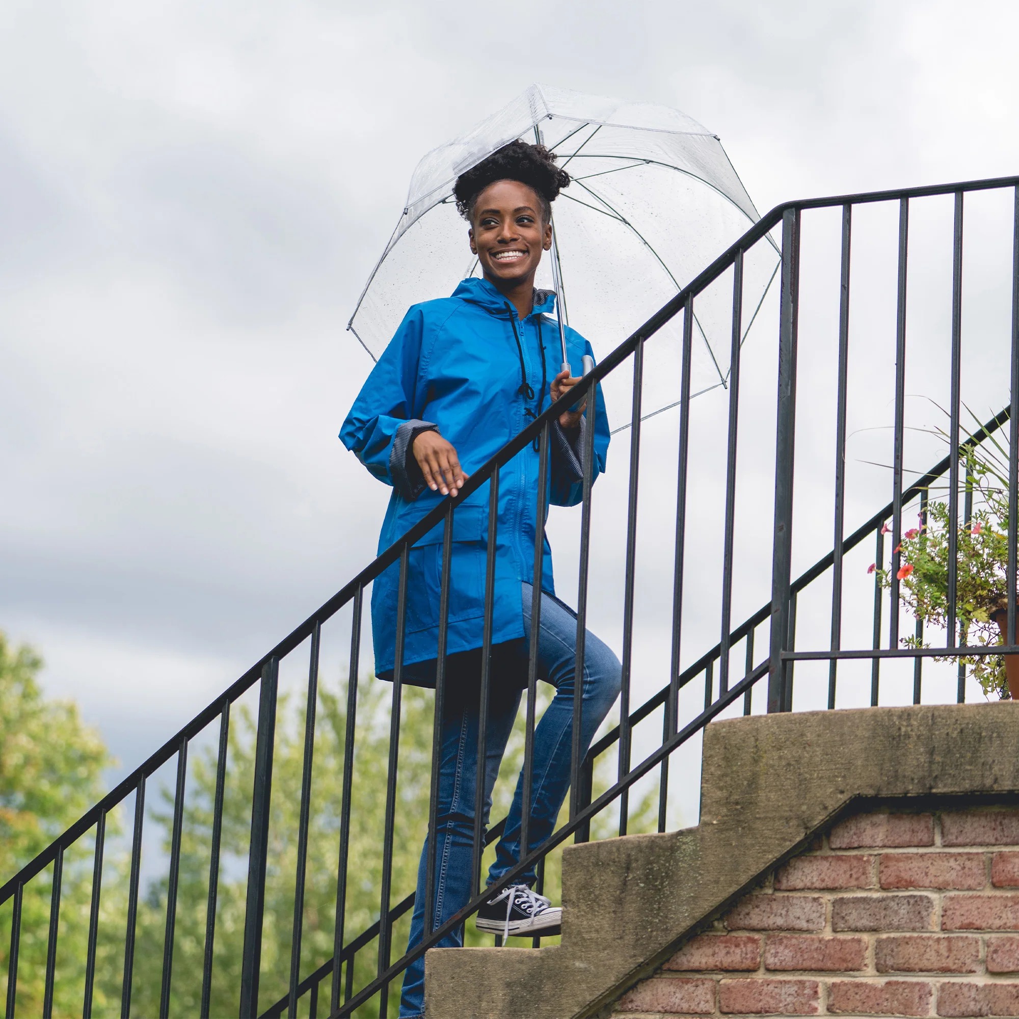 lifestyle view in rainwear