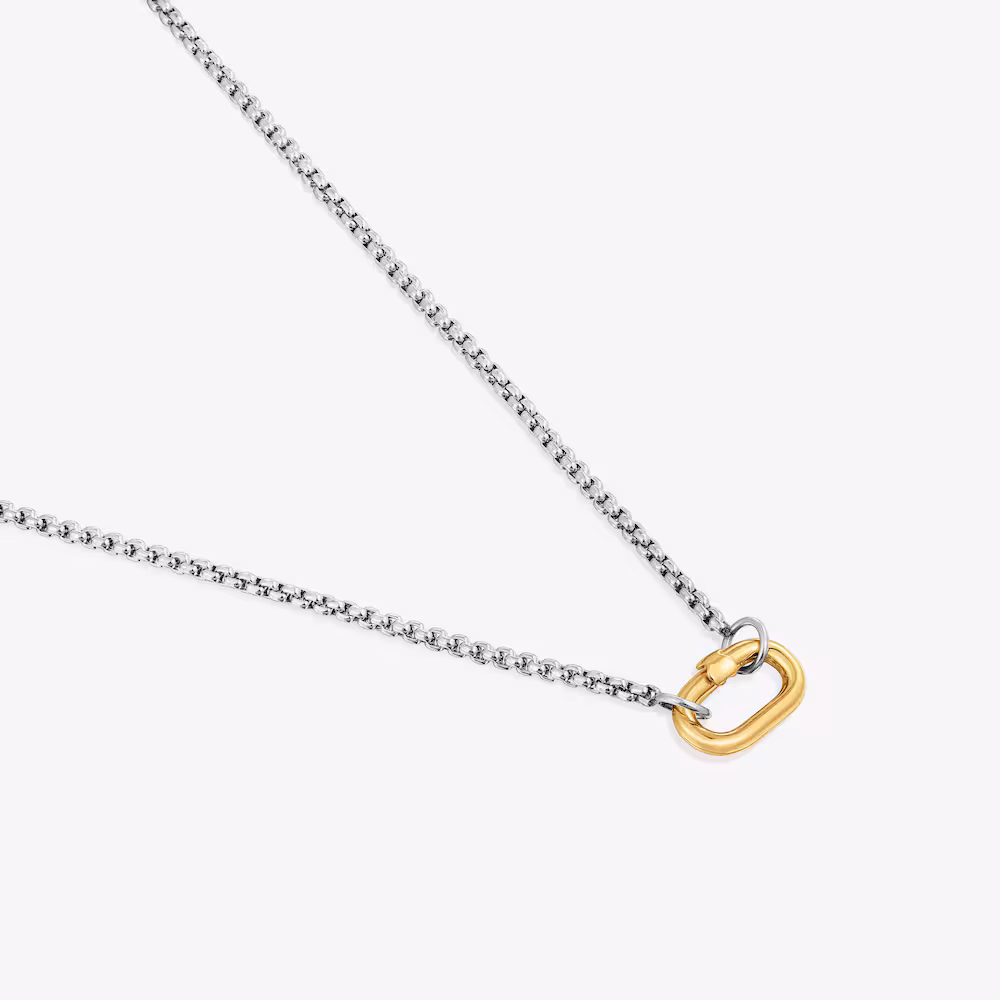 Short Steel Necklace with 18K Solid Gold Ring Hold Oval