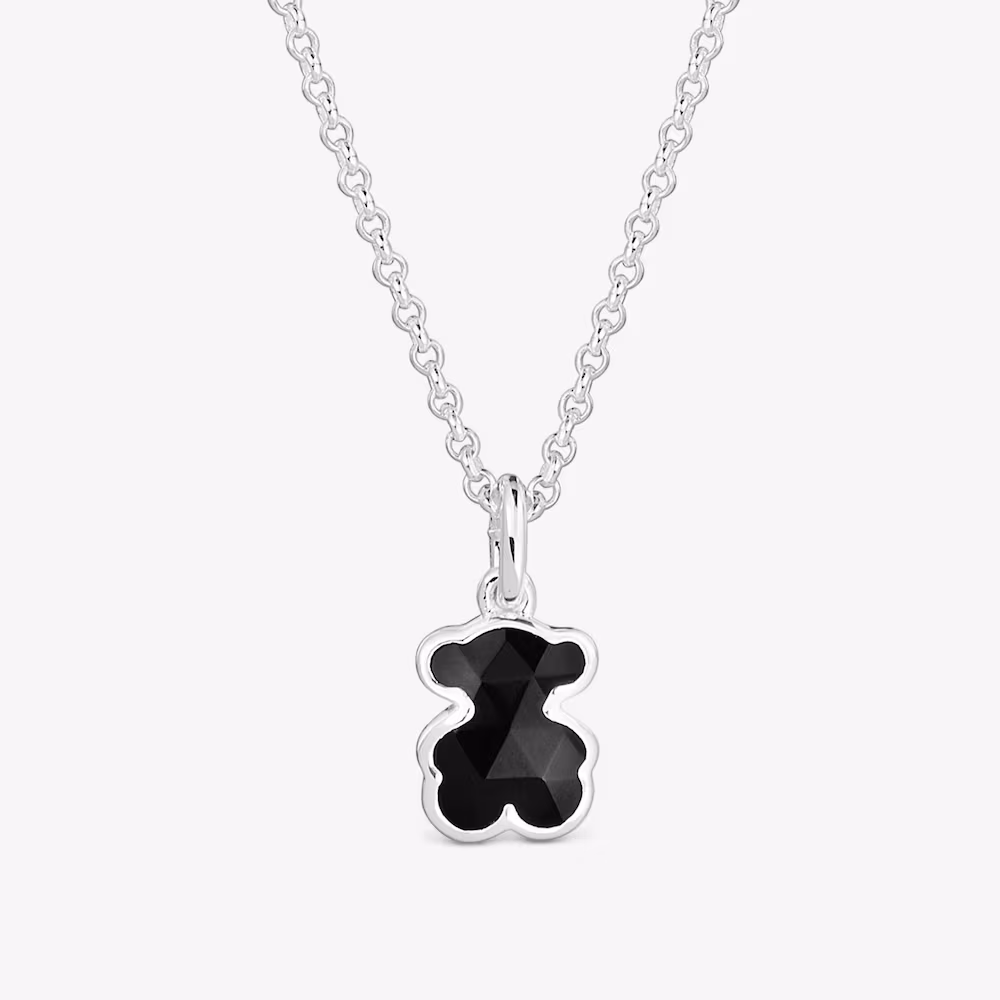 Short Silver Necklace with Onyx Bear Motif TOUS Icon Color