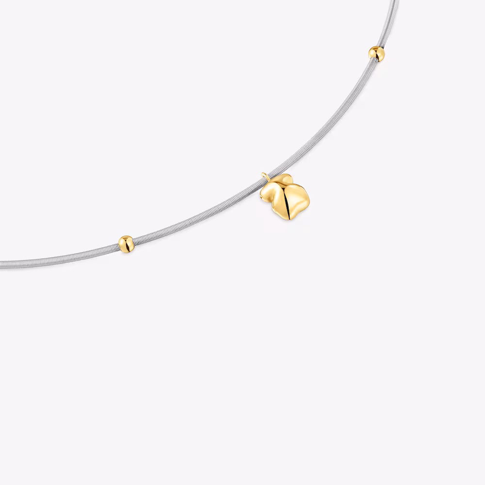 Short 18K Solid Gold and Steel Necklace with Bear Motif Mesh Tube