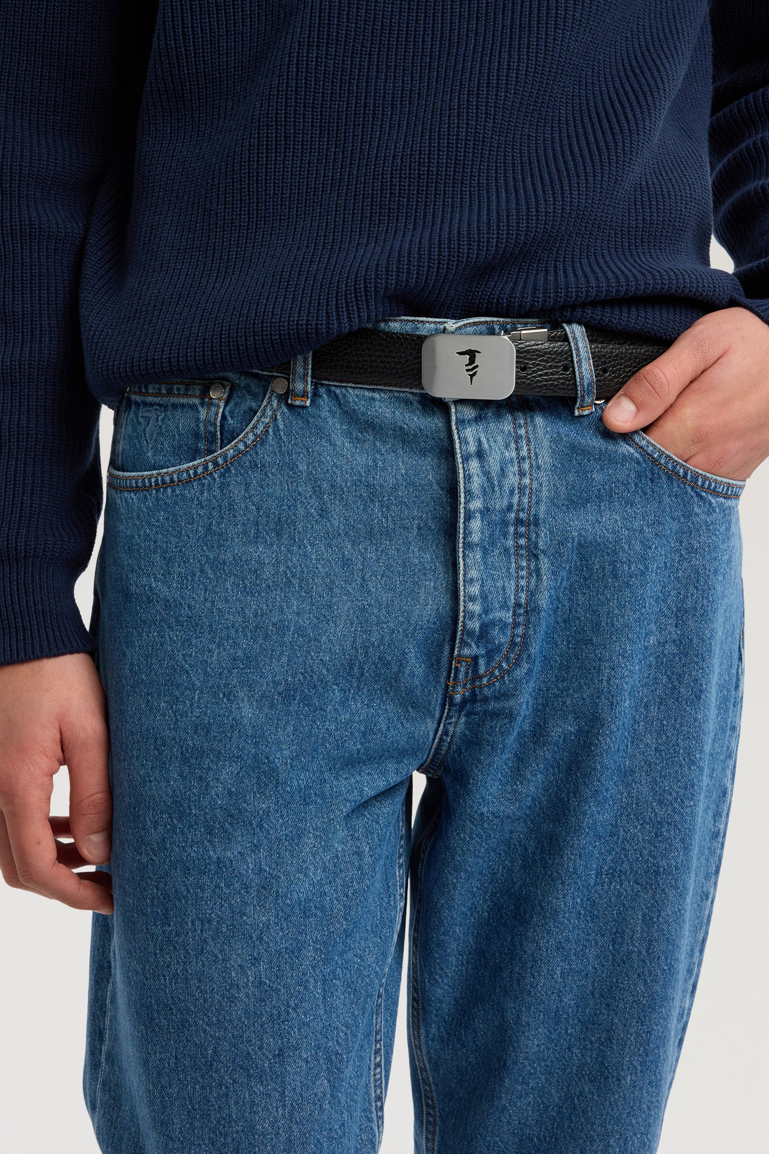 Reversible calf leather belt with greyhound buckle — detail angle
