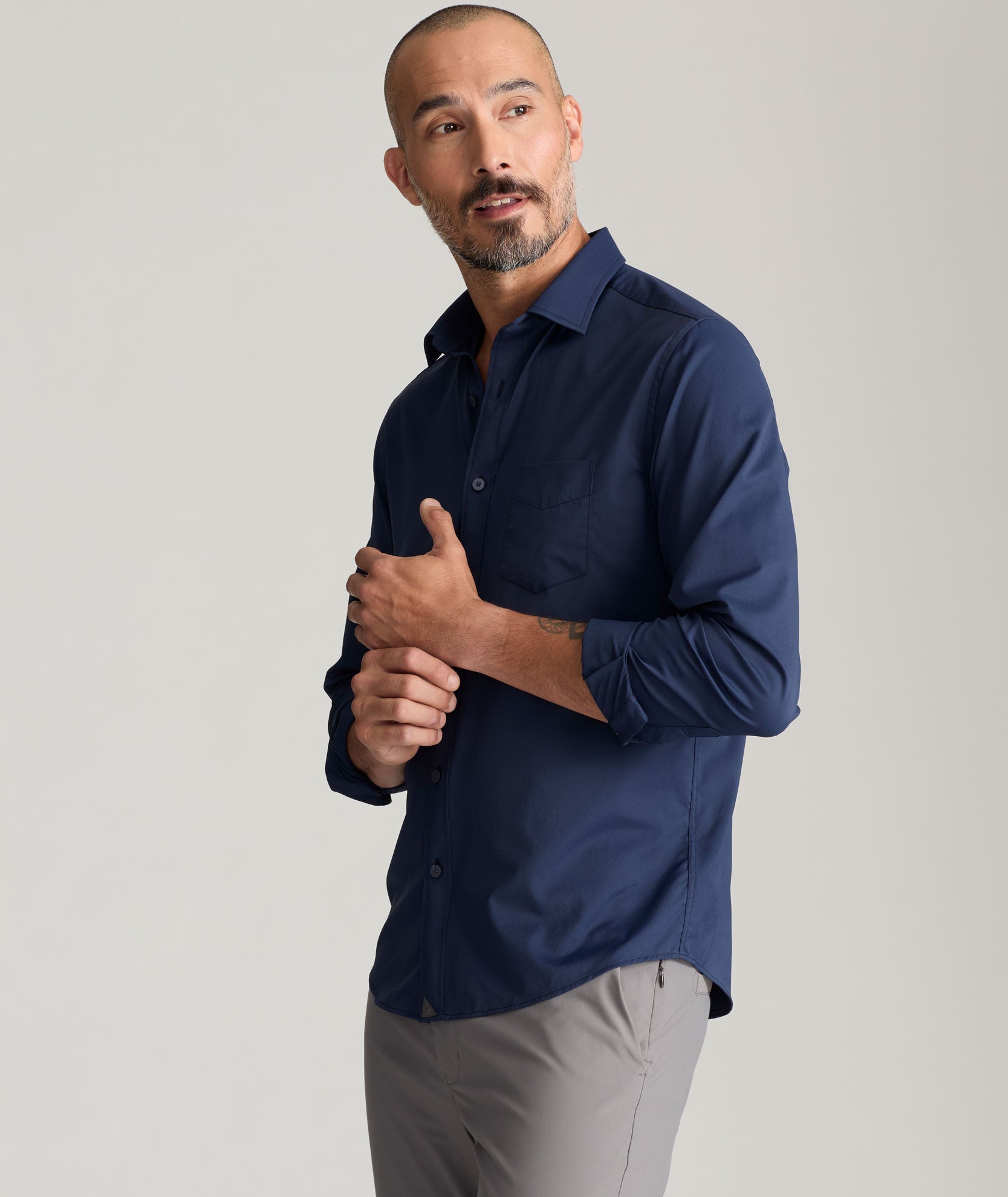 Back view in the solid navy colorway