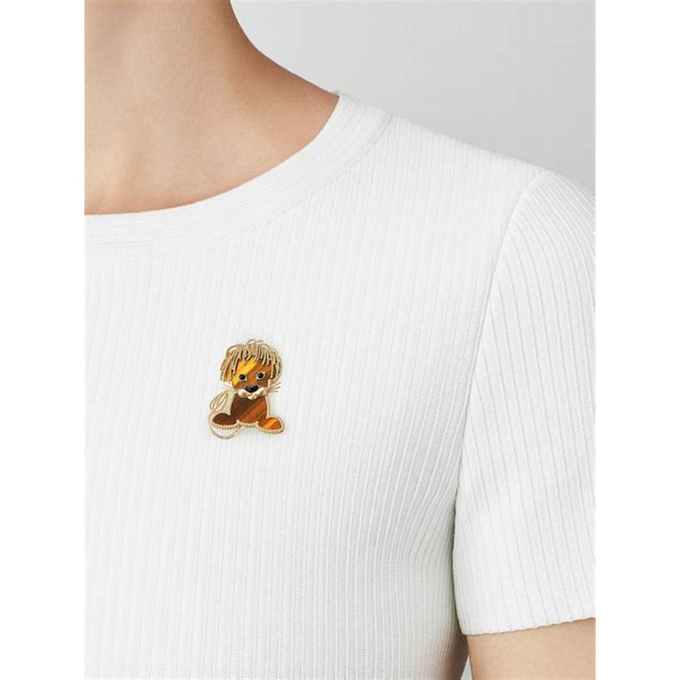 lion clip worn on knitwear