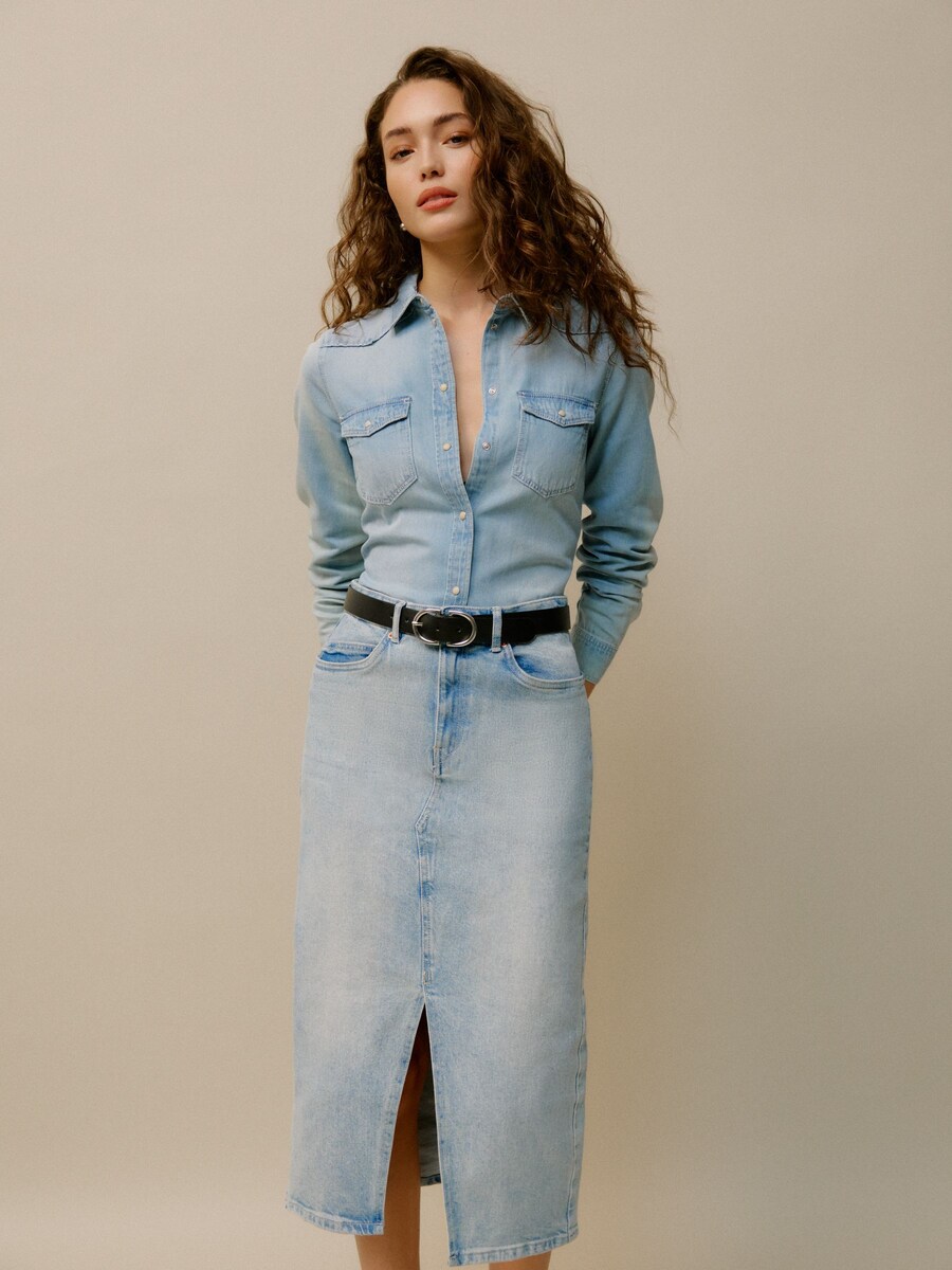 High Waisted Denim Midi Skirt