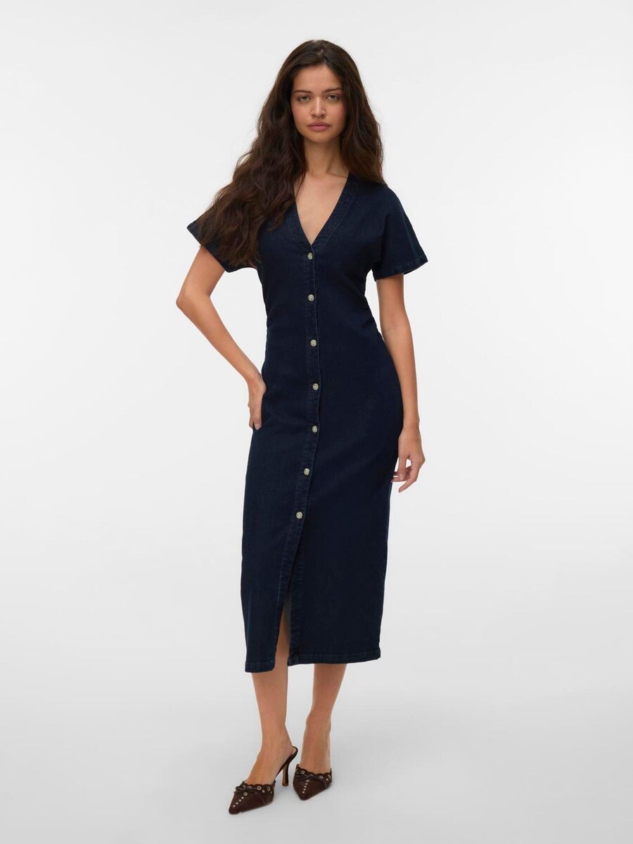 Short Sleeve V-Neck Ankle Length Denim Dress