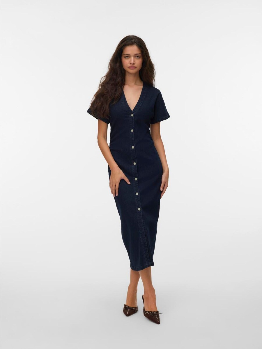 Short Sleeve V-Neck Ankle Length Denim Dress angle 3