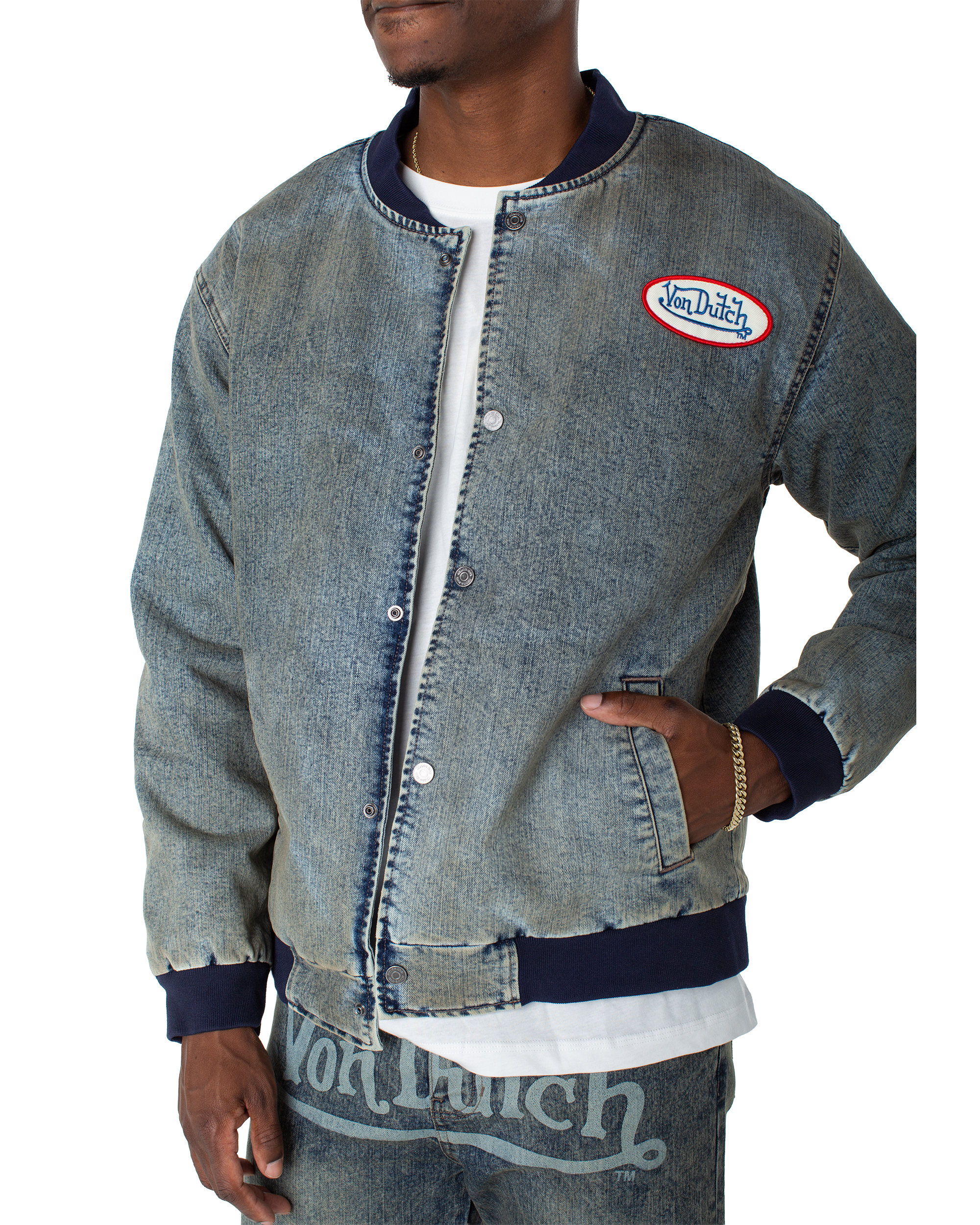 front detail with chest patch and snap placket