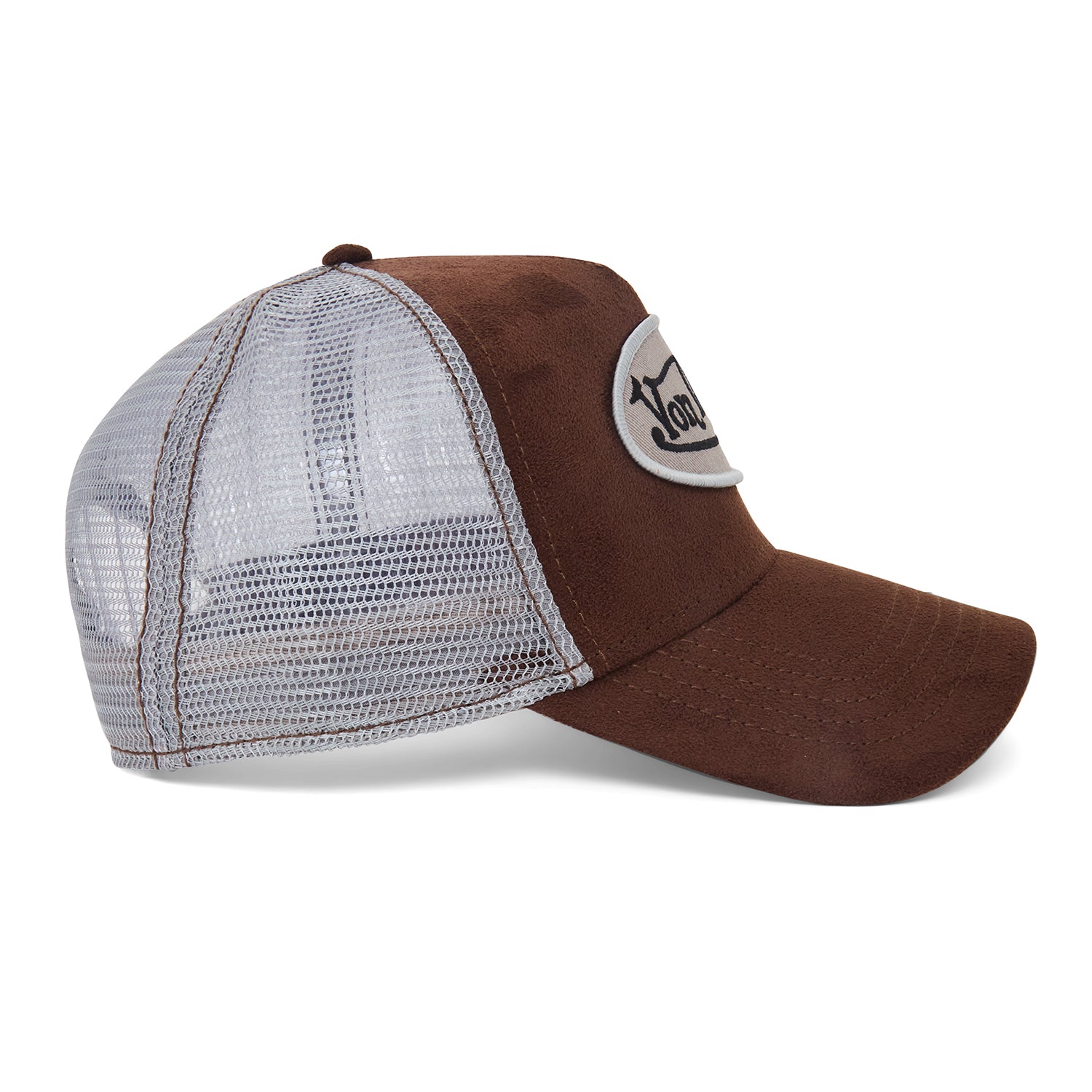 side view of brown bill and white mesh