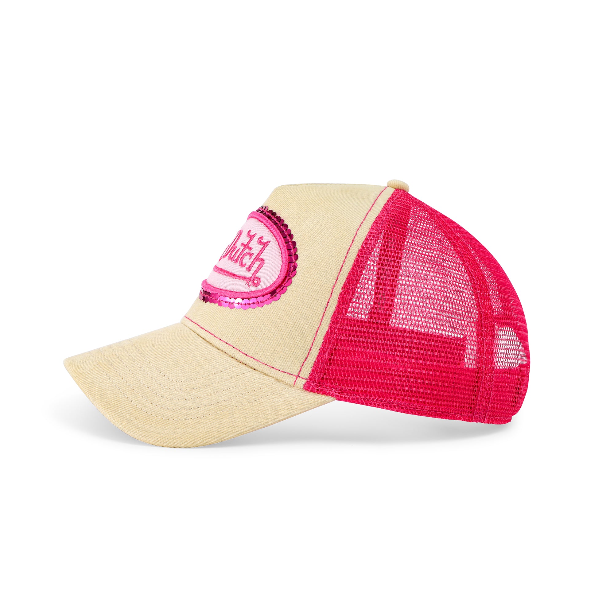 left profile showing beige crown and hot-pink mesh