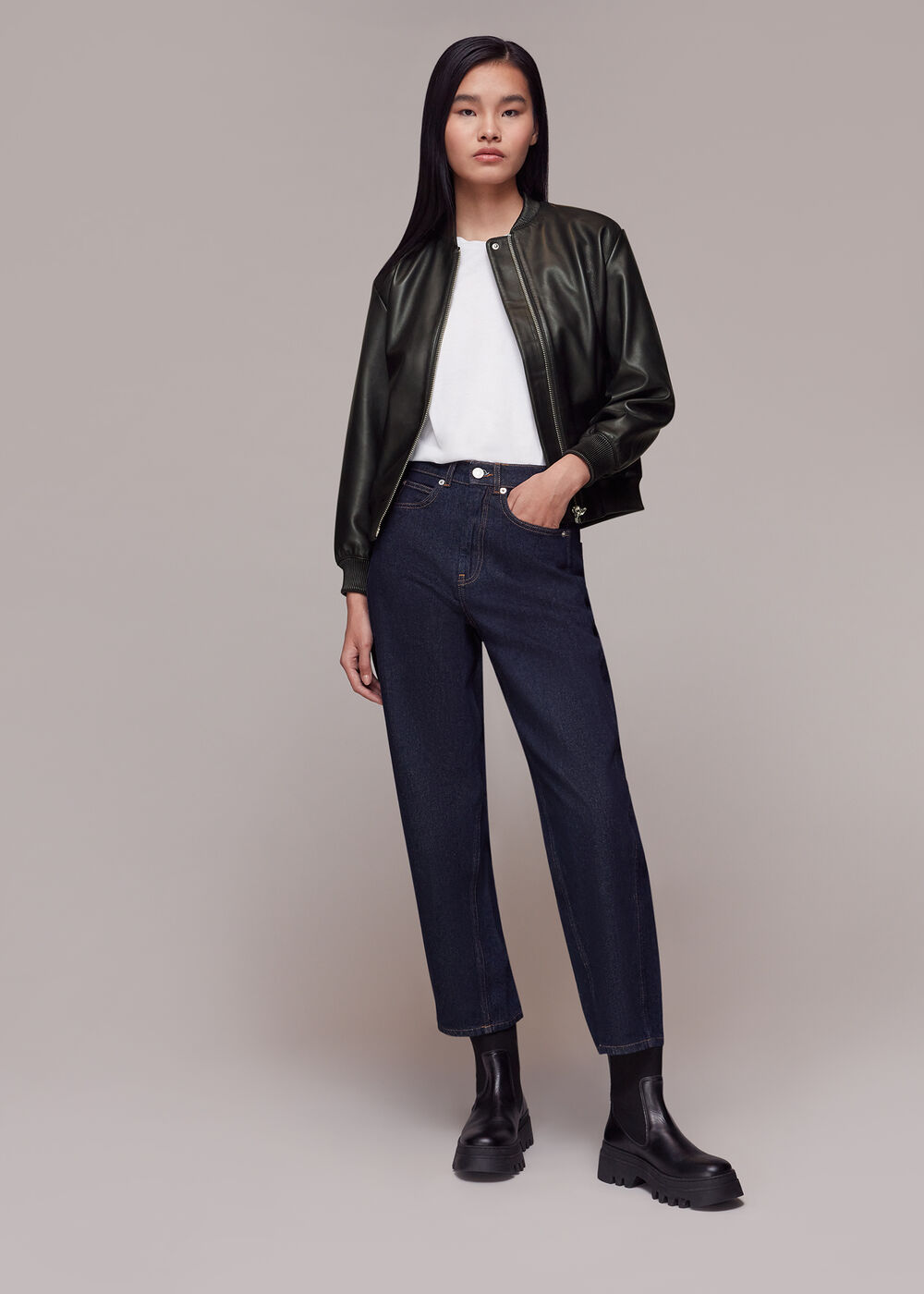Laura Leather Bomber Jacket — side or back view