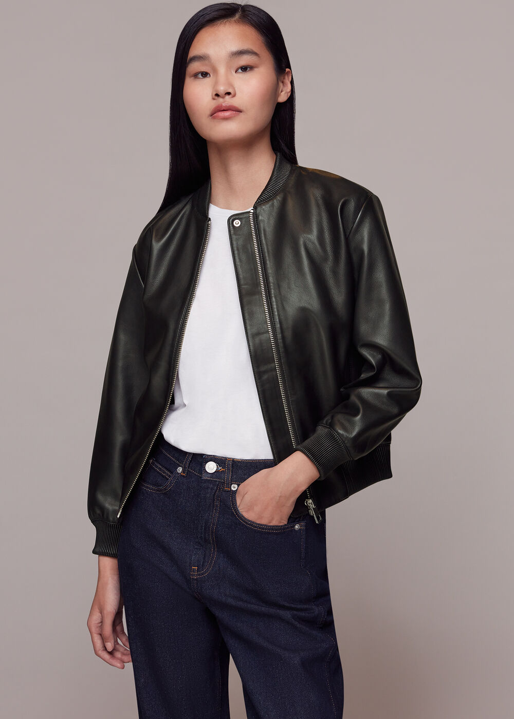 Laura Leather Bomber Jacket — styling view