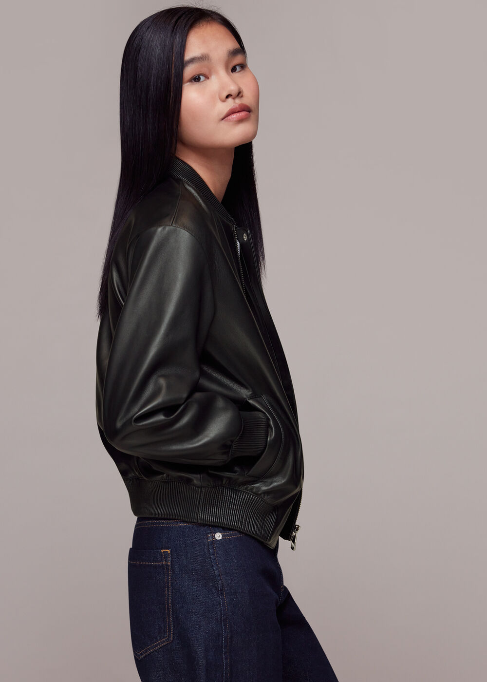 Laura Leather Bomber Jacket — detail view