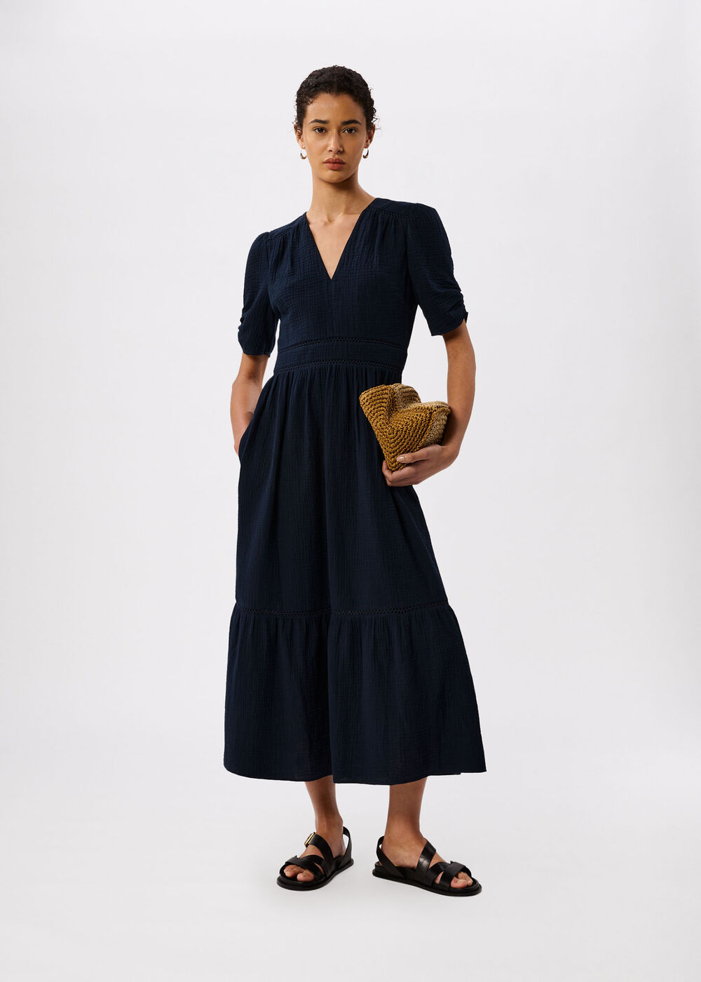 V-Neck Textured Midi Dress