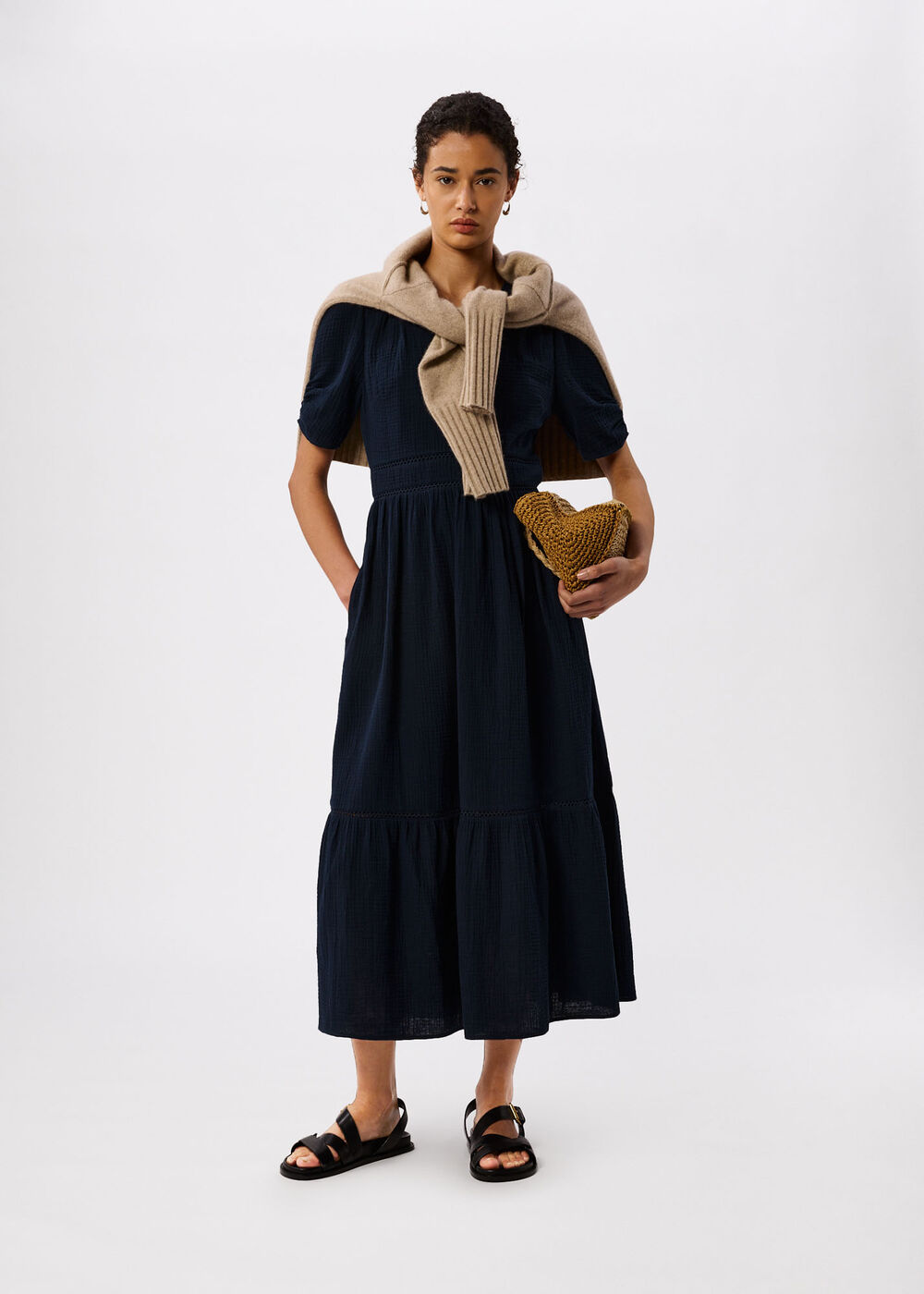 V-Neck Textured Midi Dress — side or back view