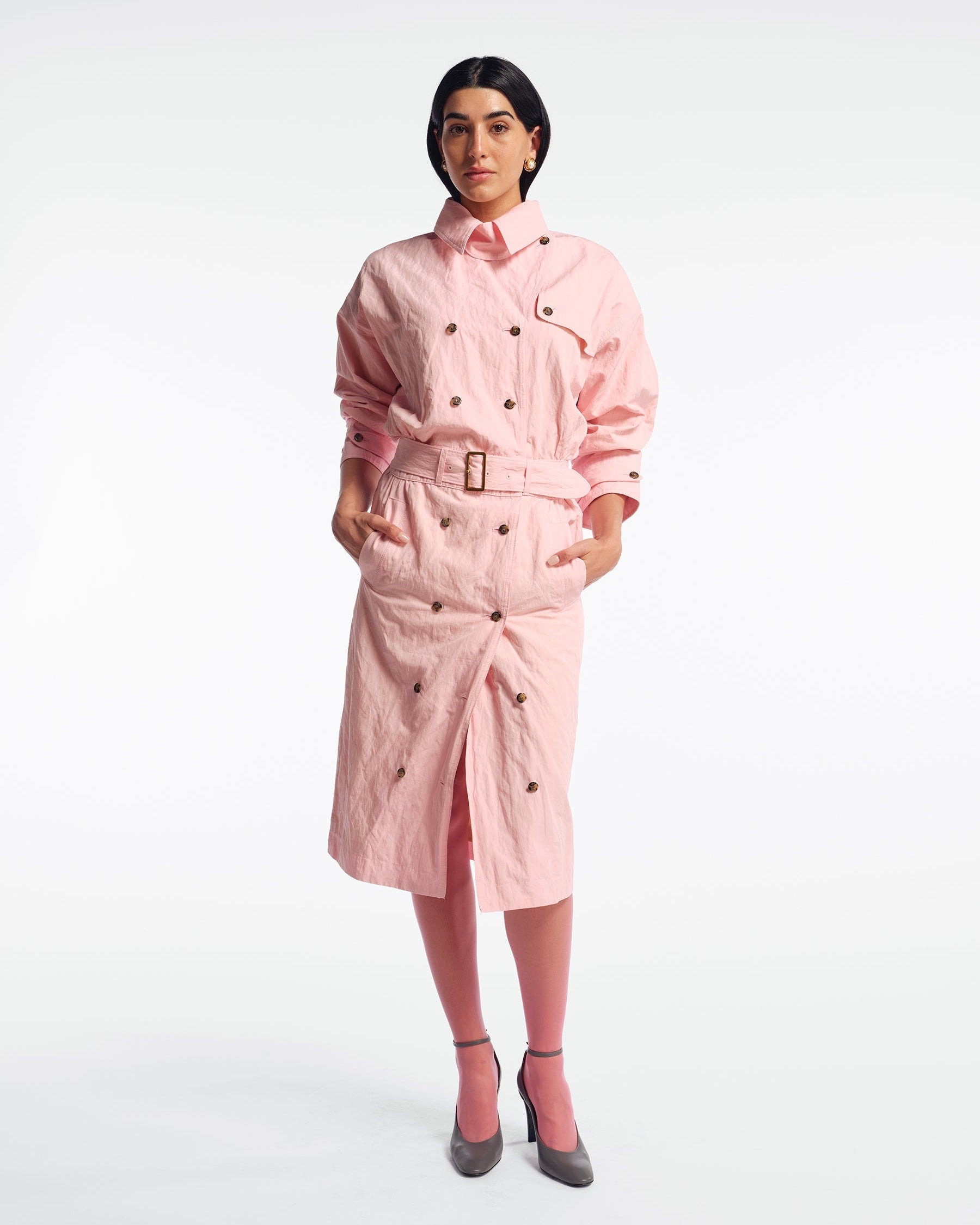 Crinkled Cotton Trench Dress